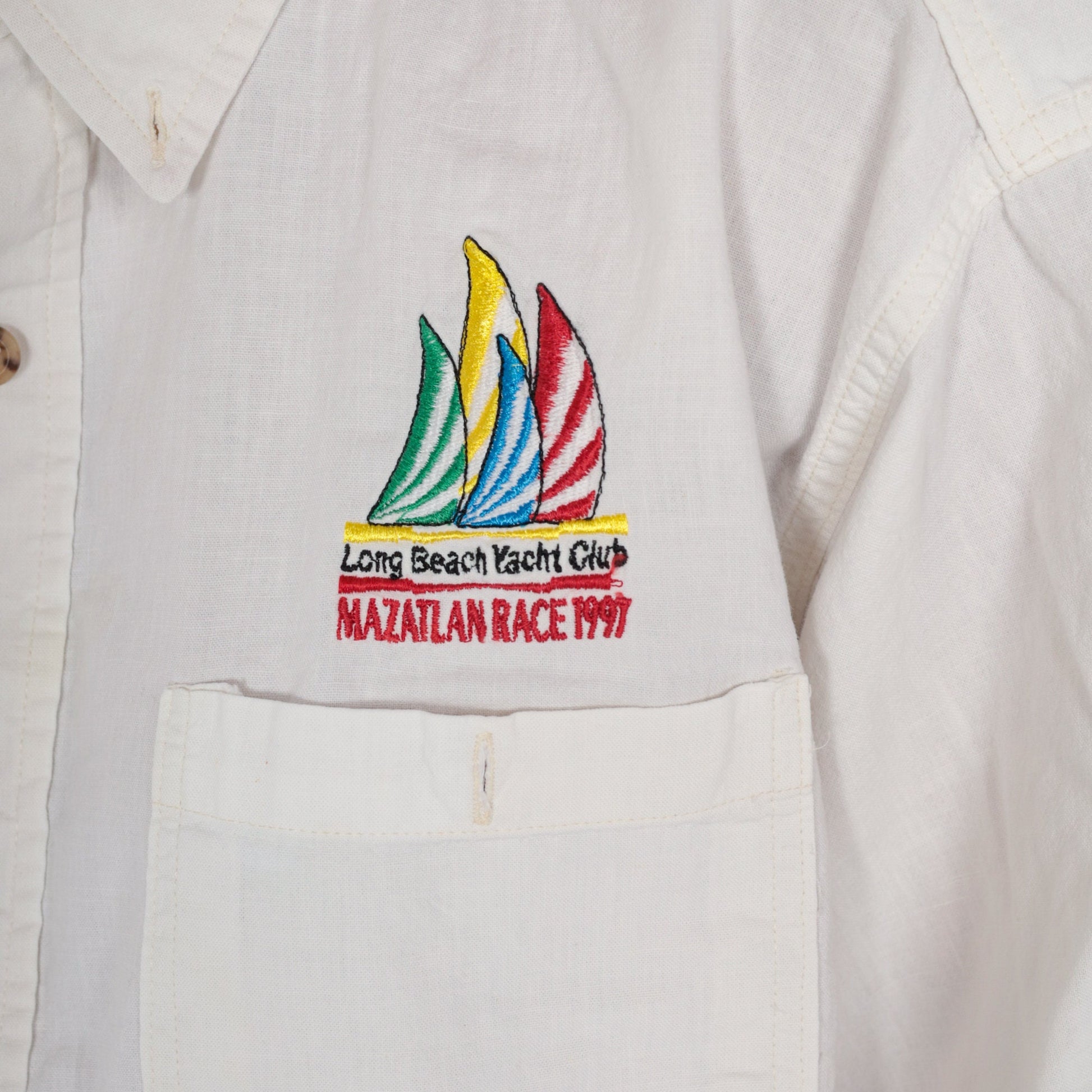 90s Long Beach Yacht Club Mazatlan Race 1997 Sailboat Button-Up Shirt White Extra Large