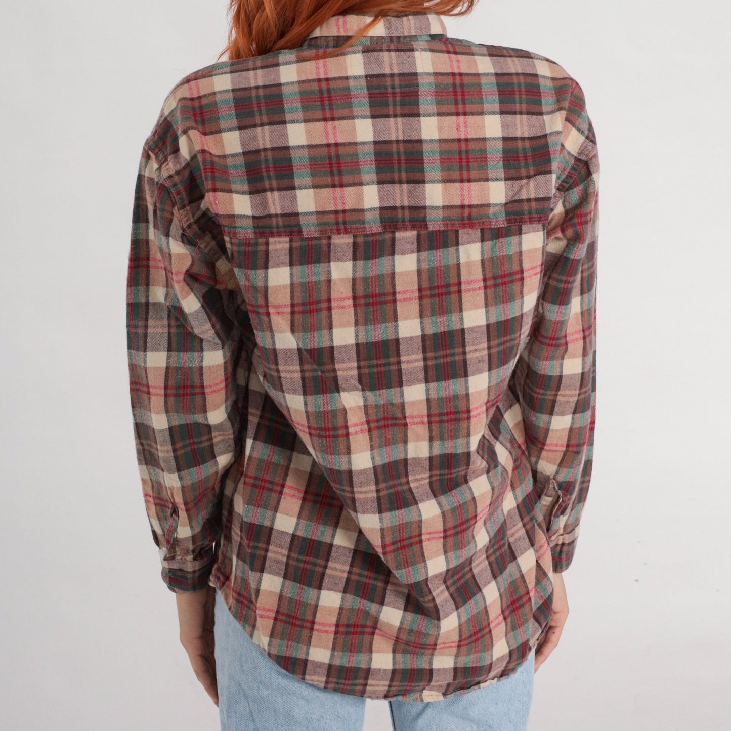 90s Brown Plaid Button-Up Shirt Long Sleeve Checkered Flannel Large L