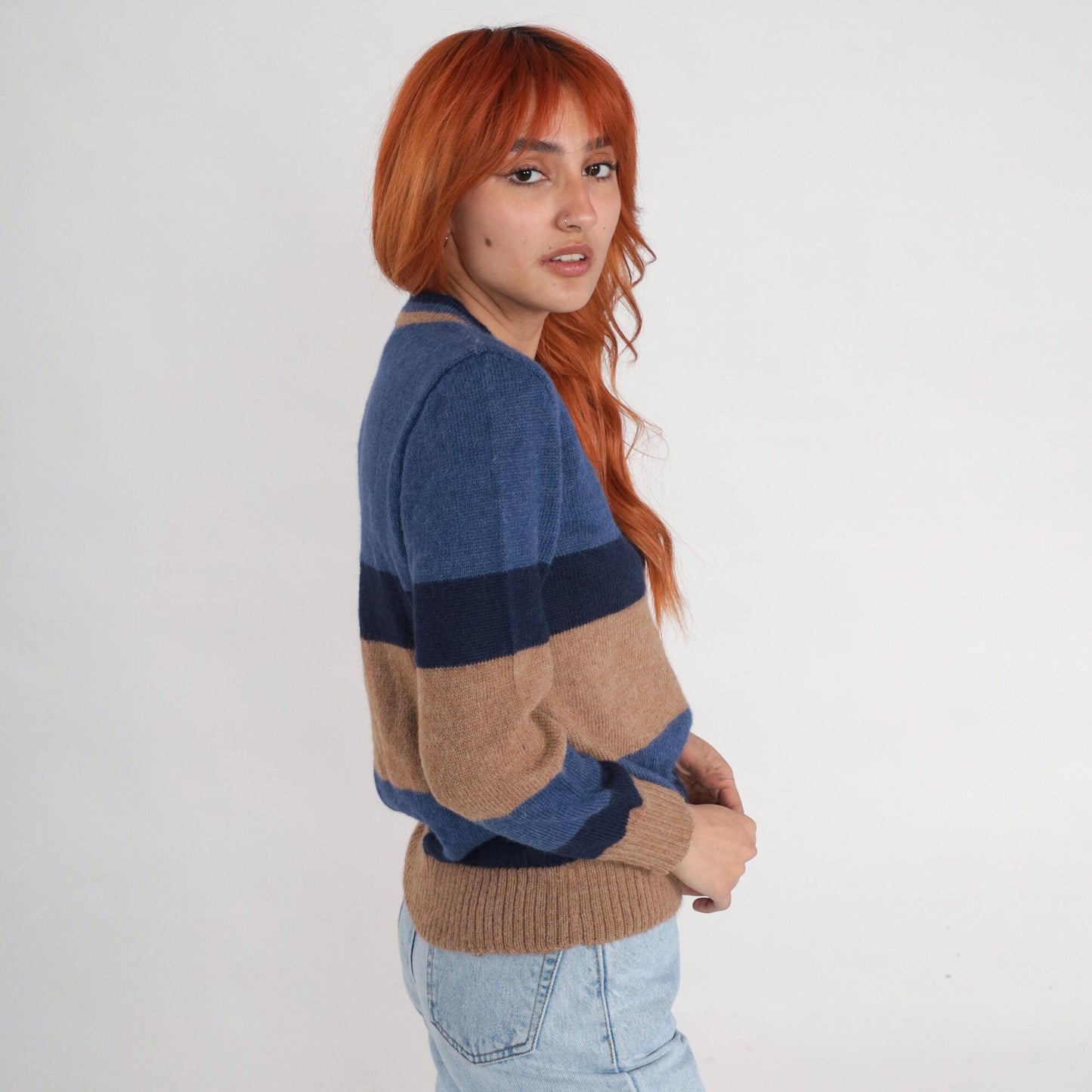 90s Alpaca Wool V-Neck Sweater Tan Blue Striped Pullover Small S