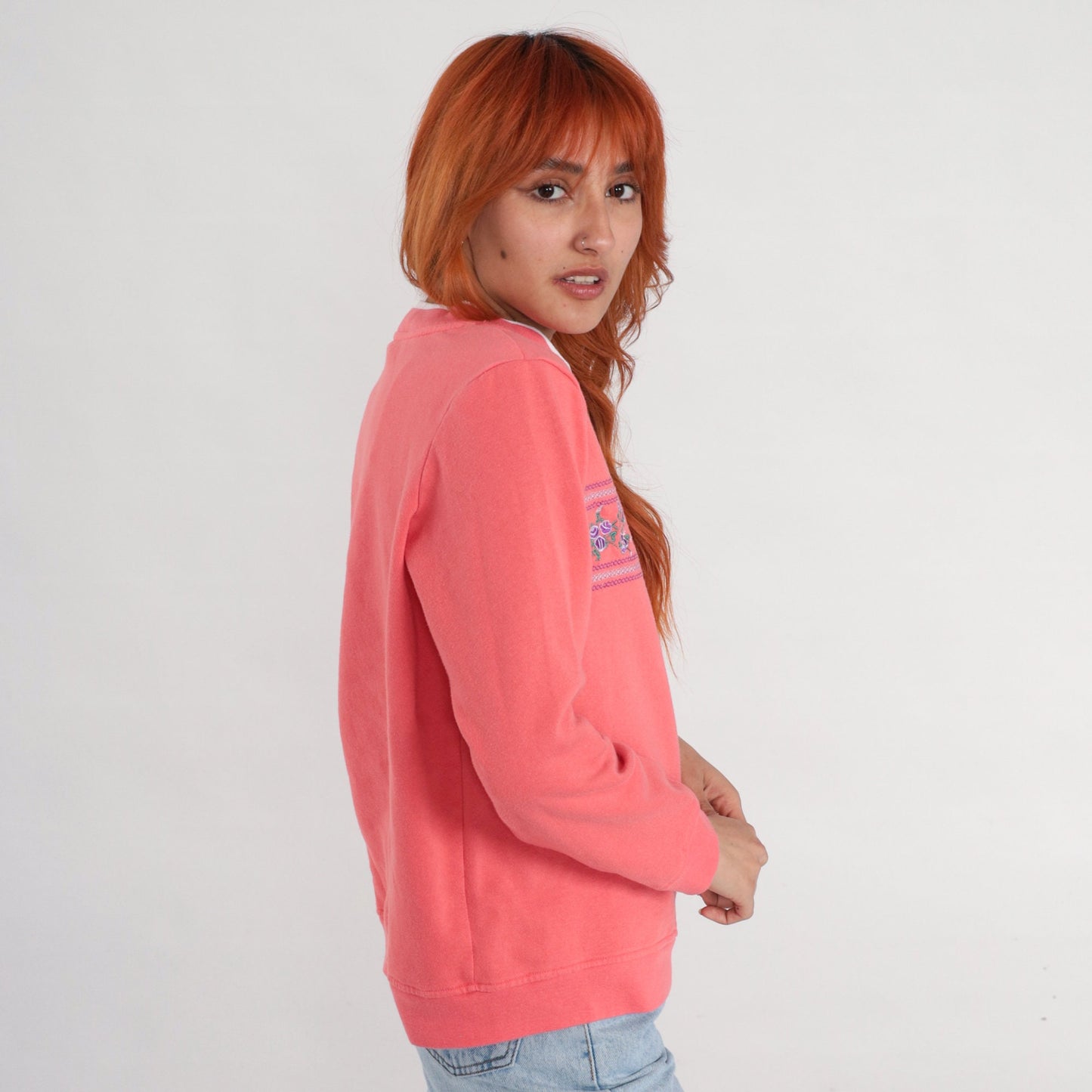 90s Salmon Pink Floral Embroidered Sweatshirt Double Collar Medium