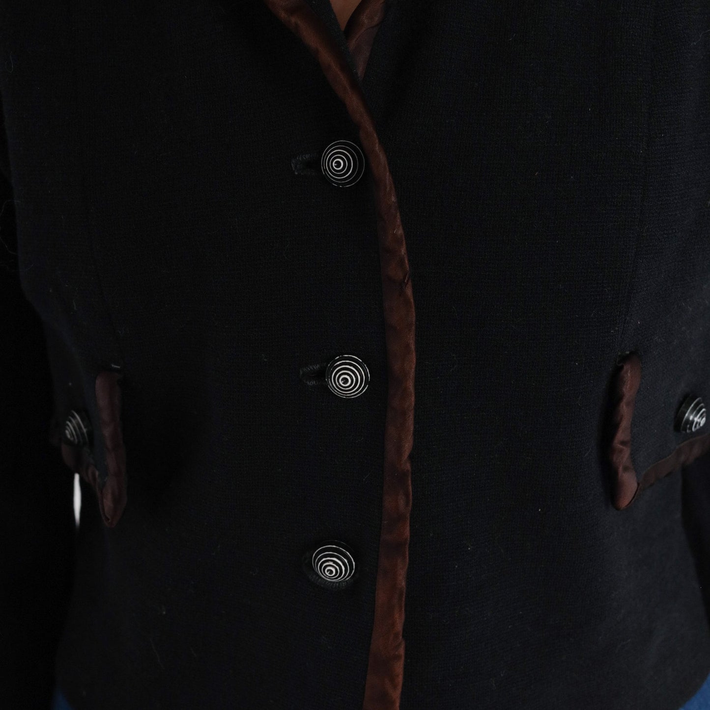 60s R & K Knits Black Wool Blend Blazer Brown Trim Cropped 3/4 Sleeve Extra Small