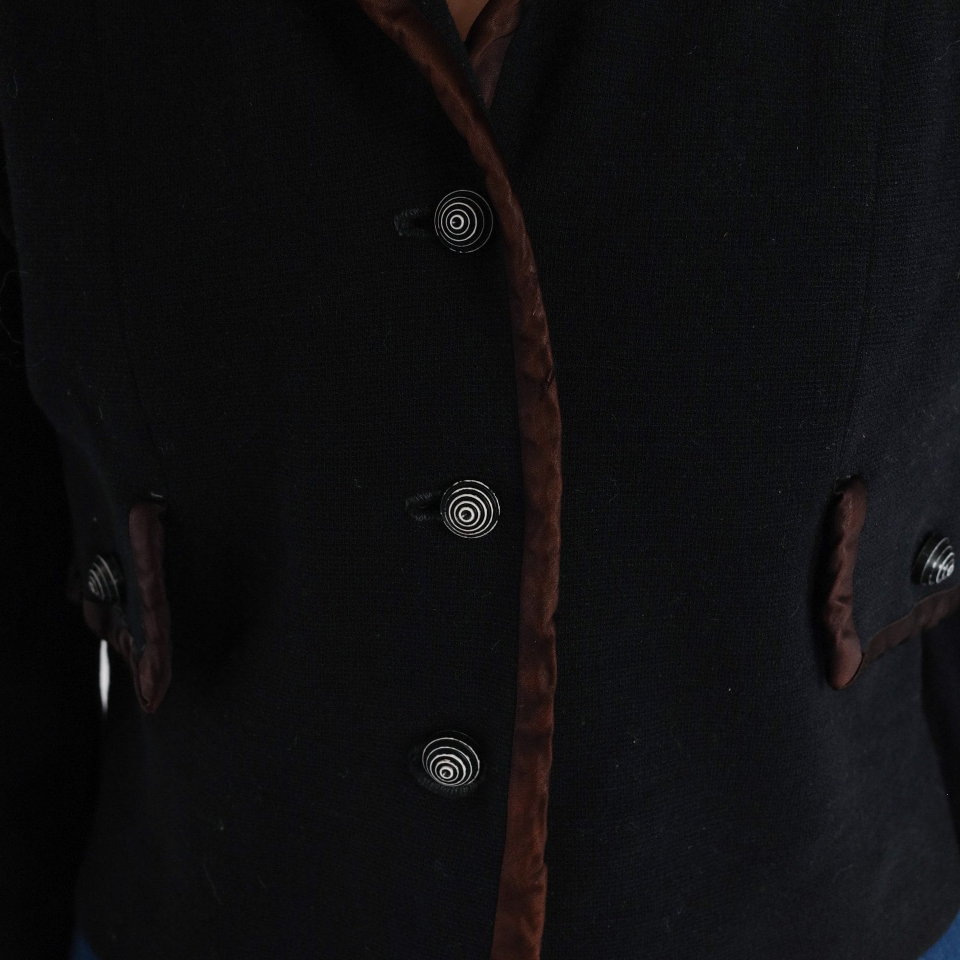 60s R & K Knits Black Wool Blend Blazer Brown Trim Cropped 3/4 Sleeve Extra Small