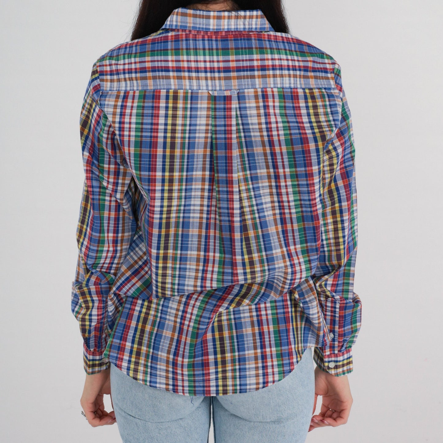90s Blue Plaid Button Up Blouse Long Sleeve Cotton Blend Small S