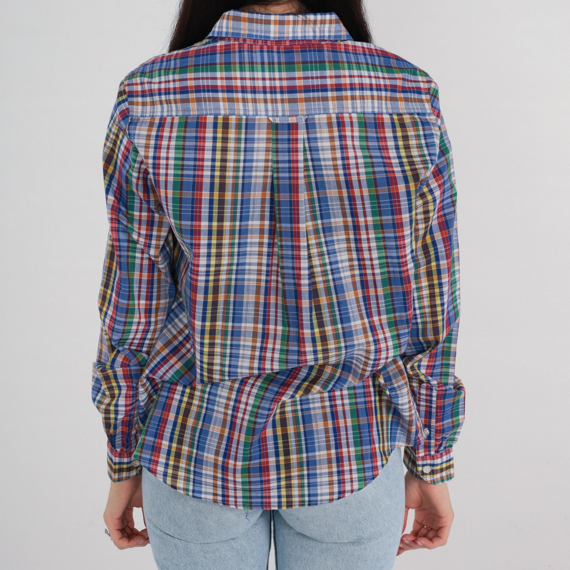 90s Blue Plaid Button Up Blouse Long Sleeve Cotton Blend Small S