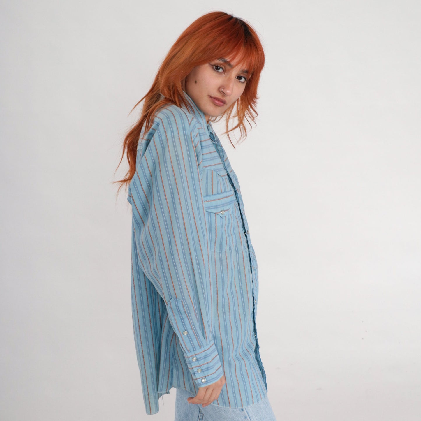 80s Western Pearl Snap Shirt Blue Striped Long Sleeve Men's 17-33