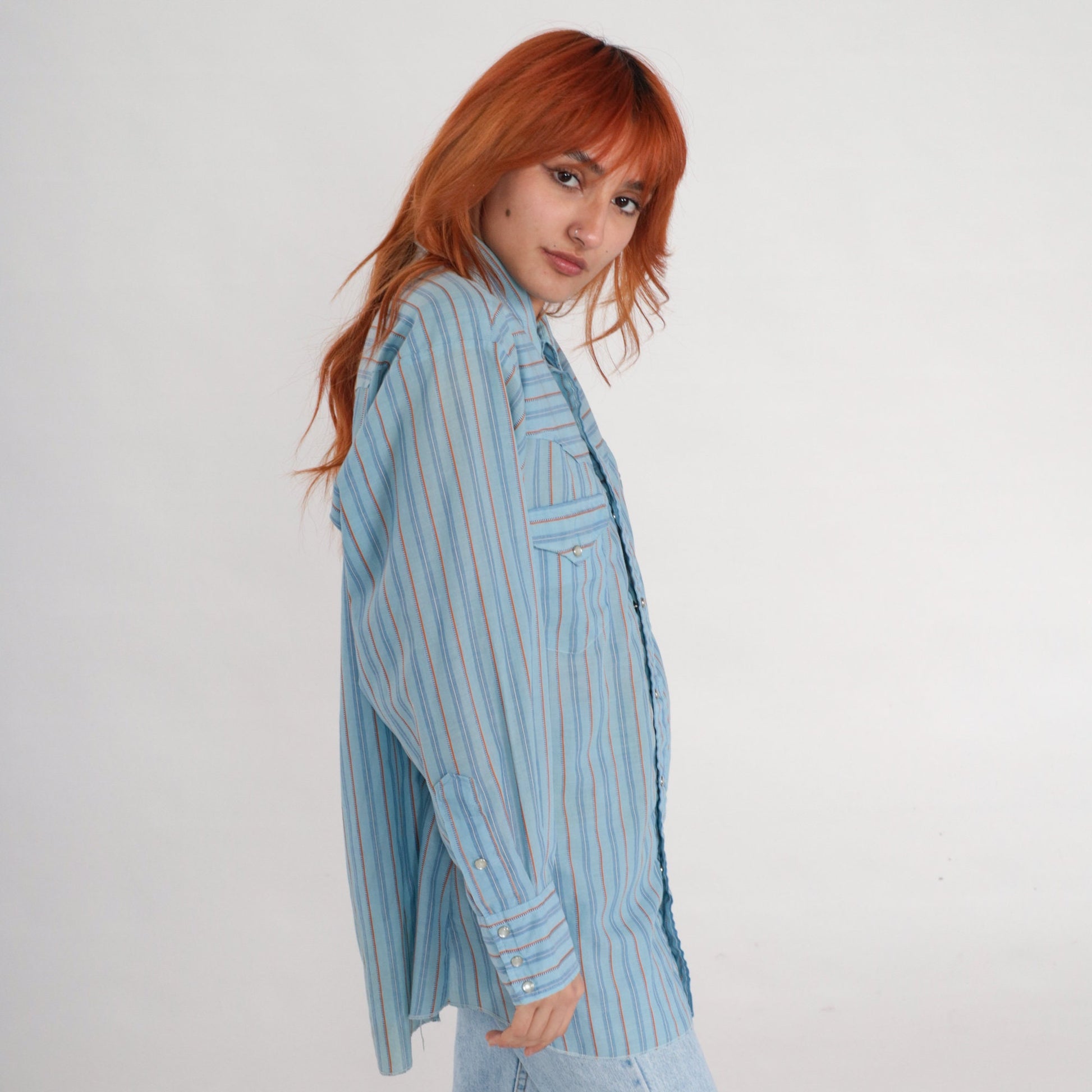 80s Western Pearl Snap Shirt Blue Striped Long Sleeve Men's 17-33