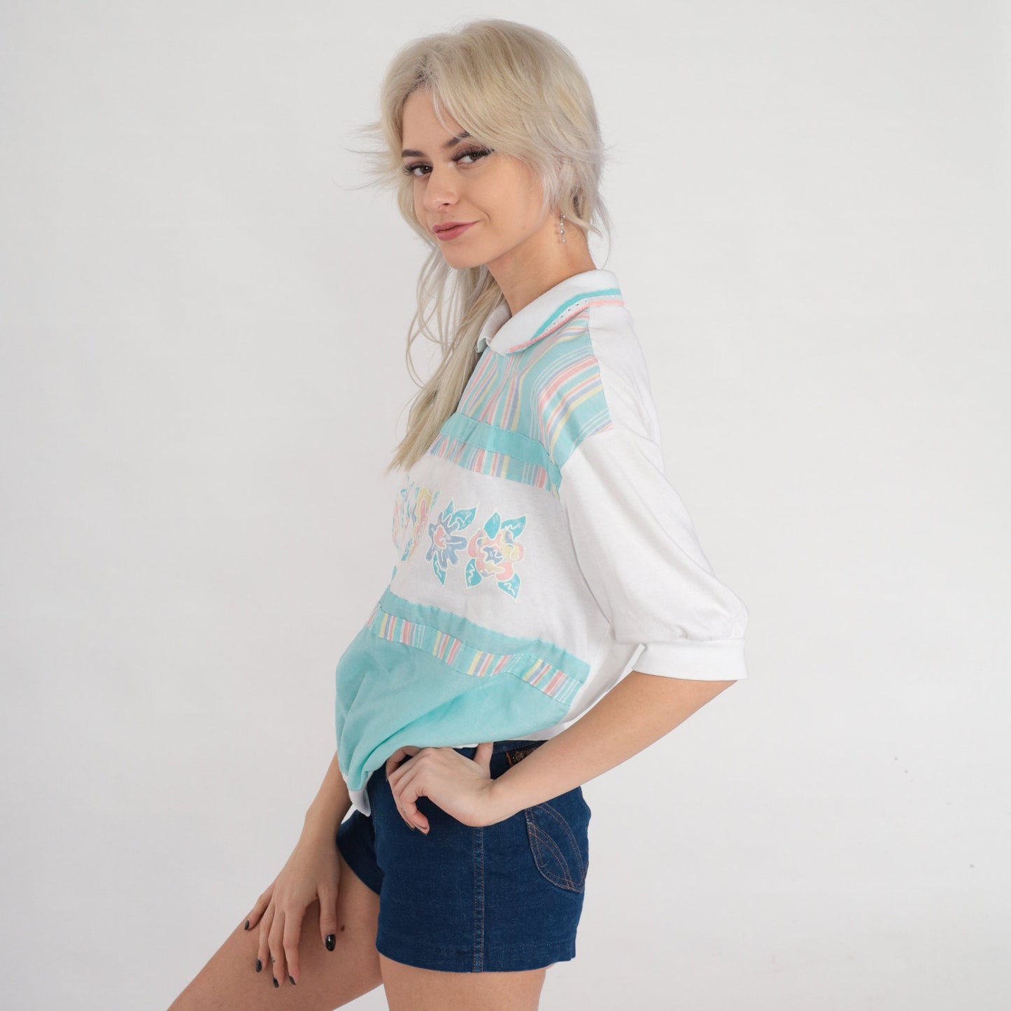 80s Floral Striped Polo Shirt White Collared Short Sleeve Medium