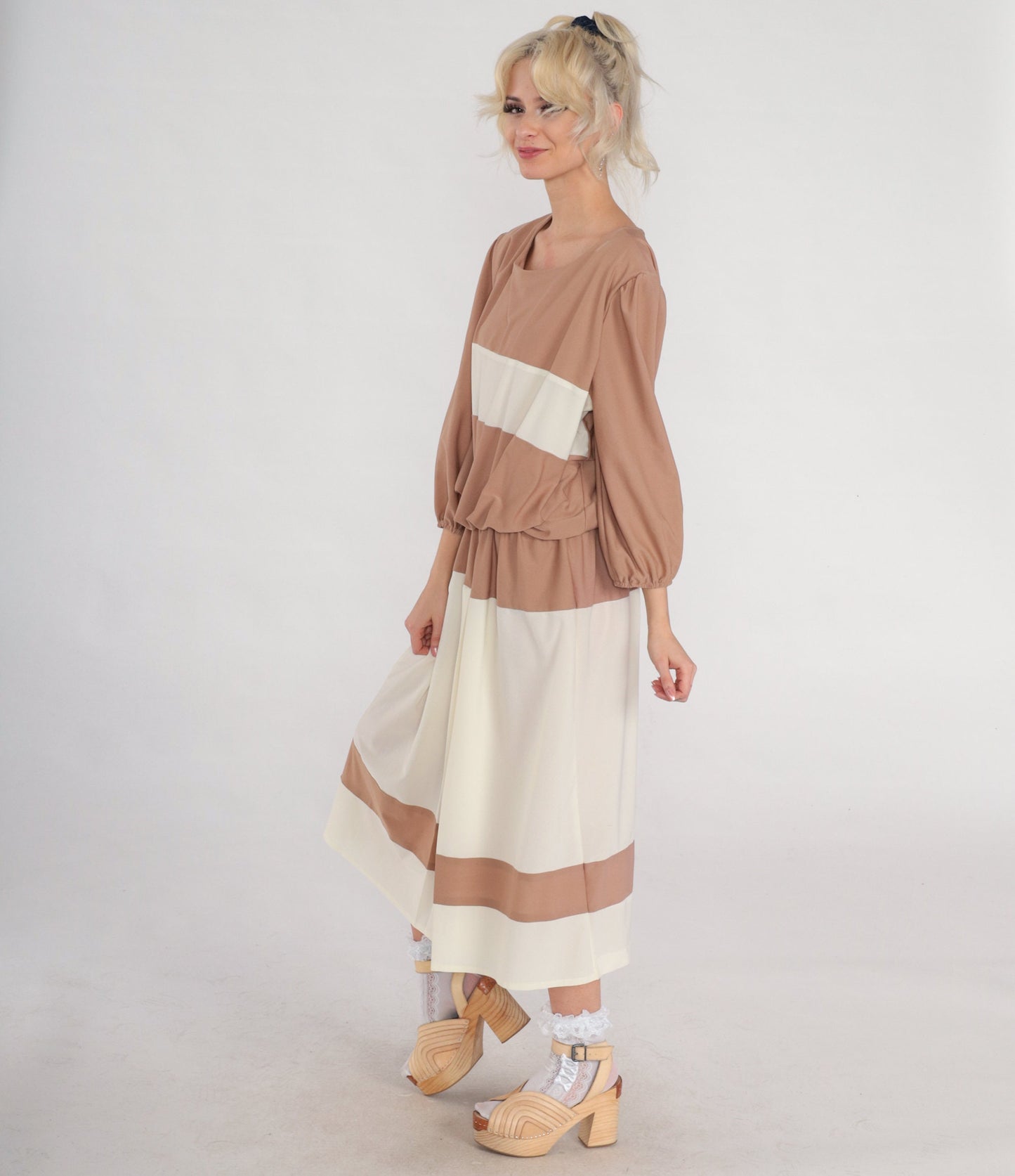 70s Striped Blouson Midi Dress Brown White Pleated Long Sleeve XXL