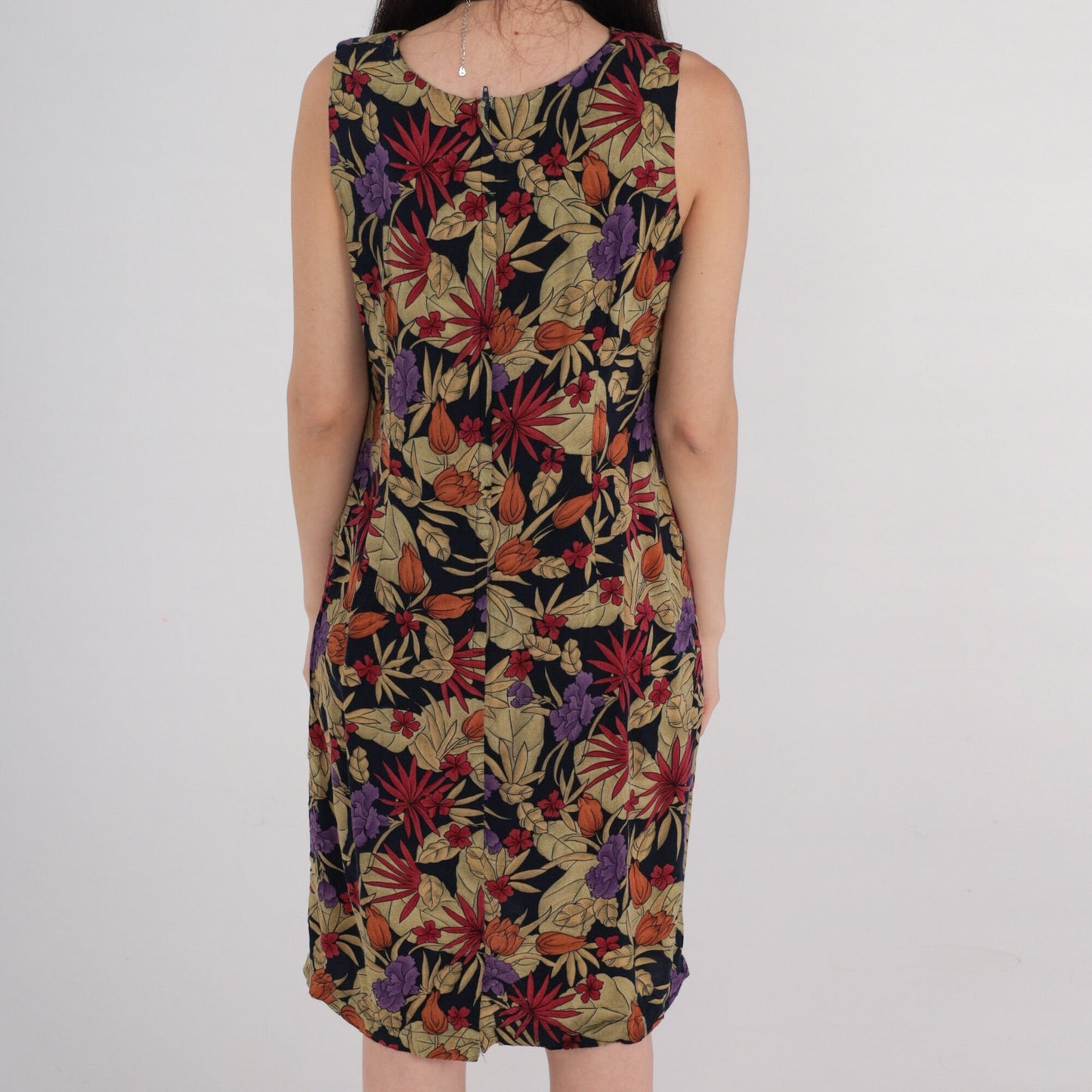 00s Tropical Floral Rayon Sheath Dress Sleeveless Knee-Length Medium