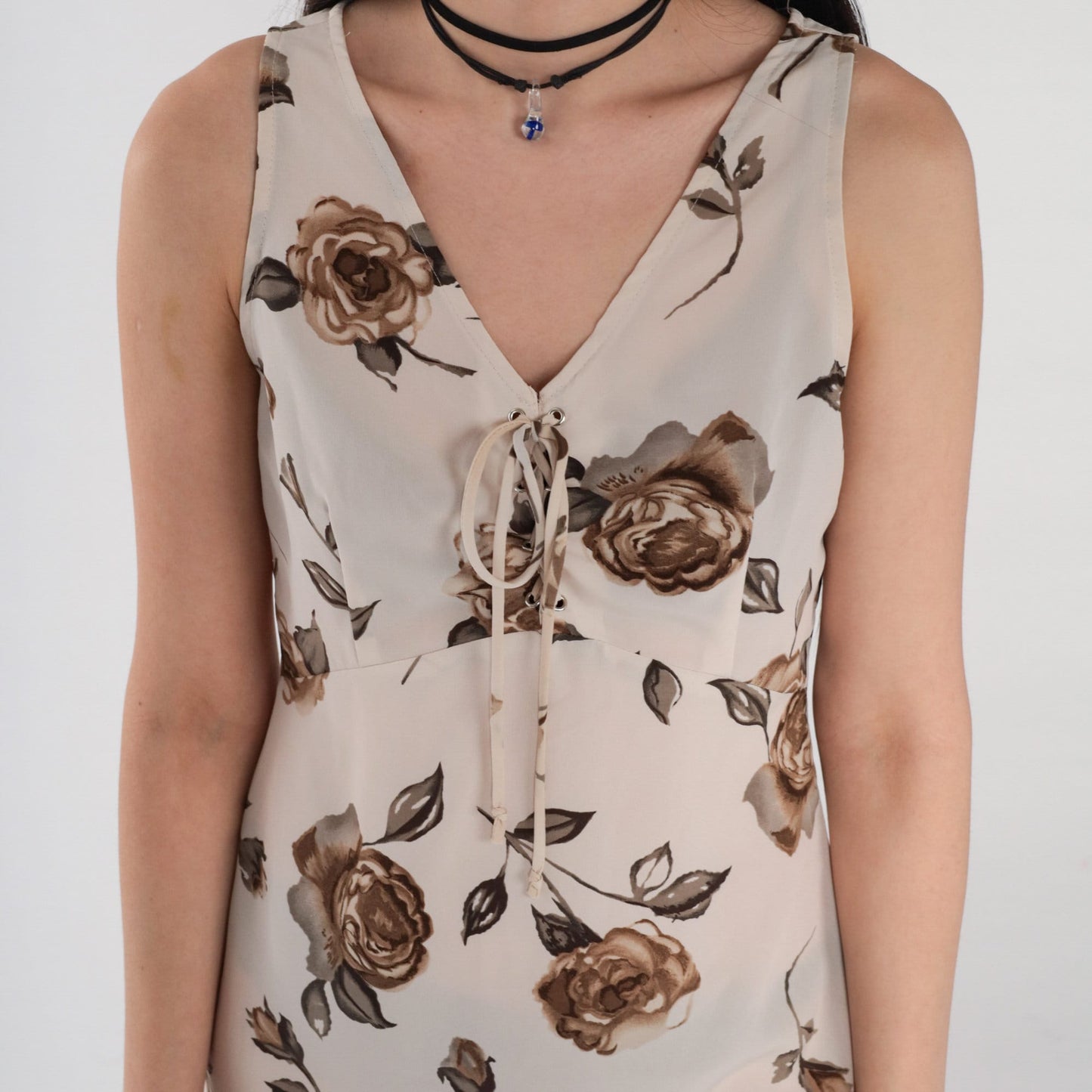 90s Floral Babydoll Dress Beige Empire Waist Lace-Up Mini Sleeveless Small