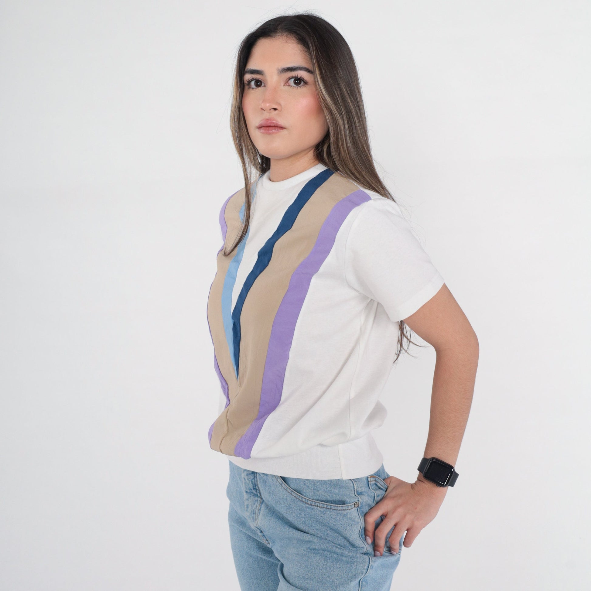 80s Chevron Striped T-Shirt White Blue Purple Banded Hem Small Medium