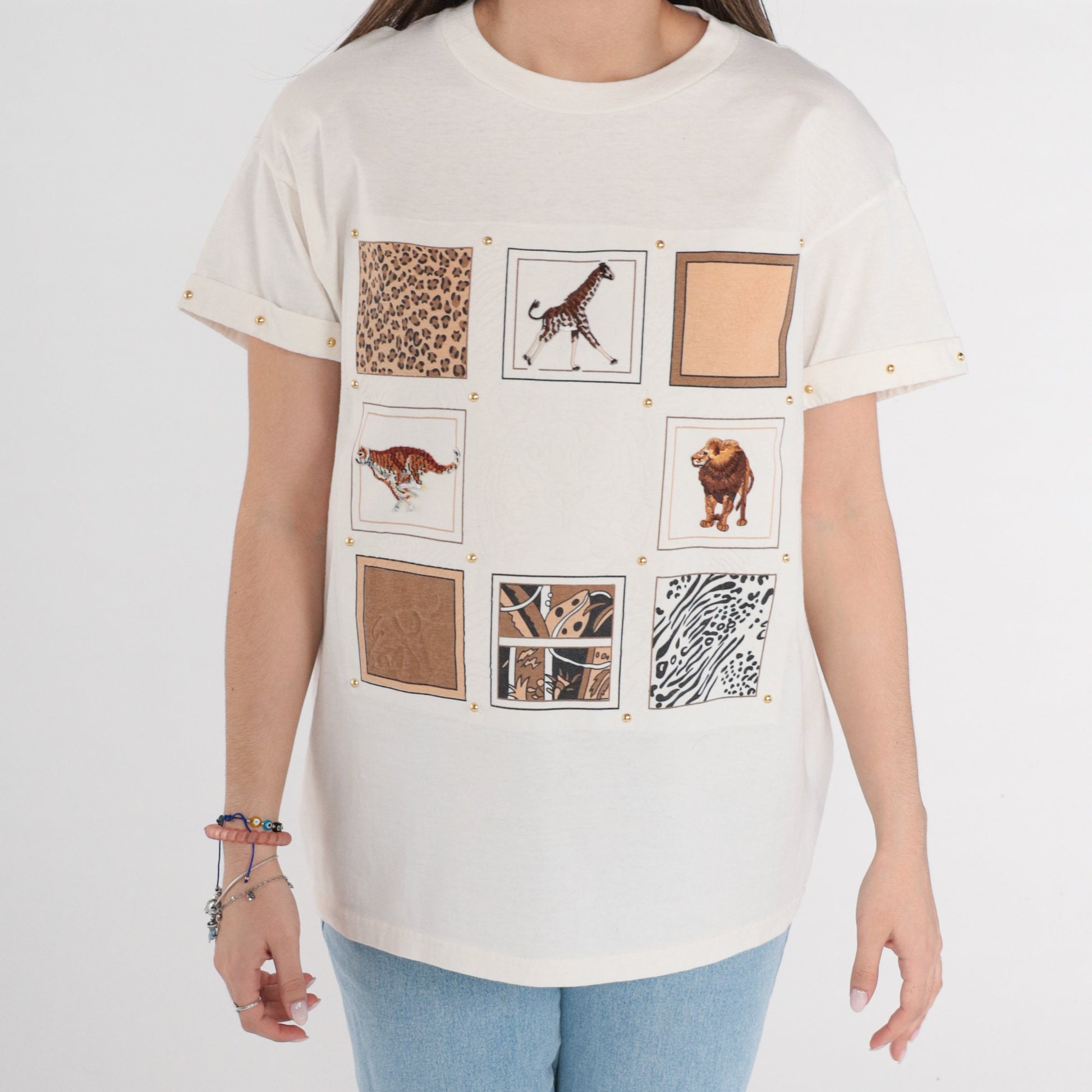 90s Safari Animal Graphic T-Shirt Gold Studs Giraffe Lion Tiger White Medium M
