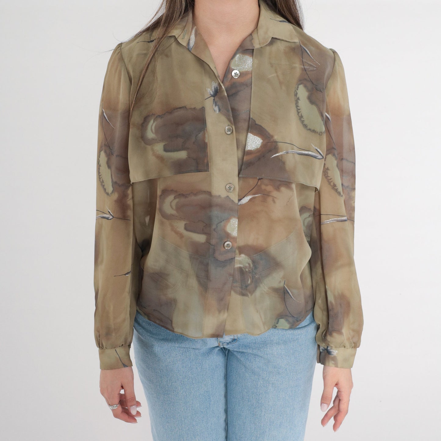 90s Olive Green Abstract Watercolor Glitter Button-Up Blouse Long Sleeve Medium