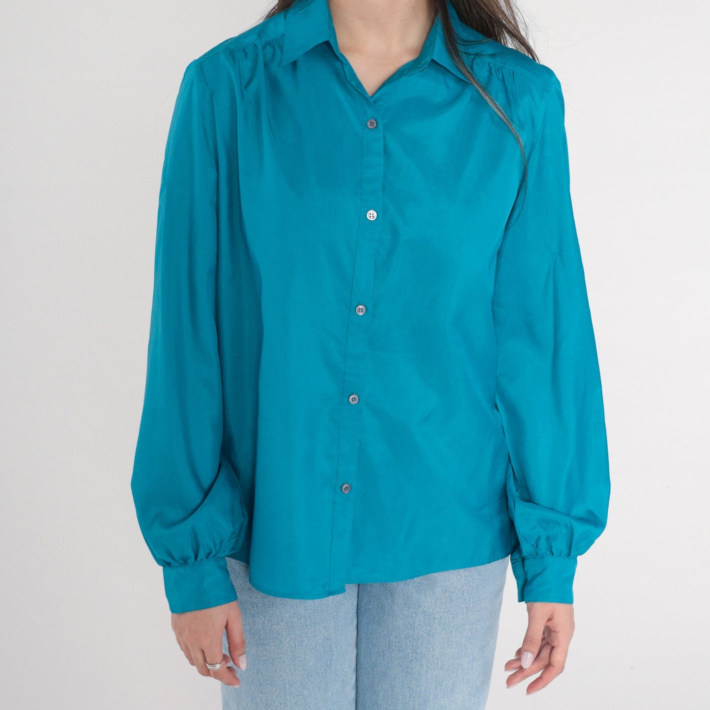 80s Lady Manhattan Blue Button-Up Blouse Shoulder Pleats Collared Long Sleeve Large