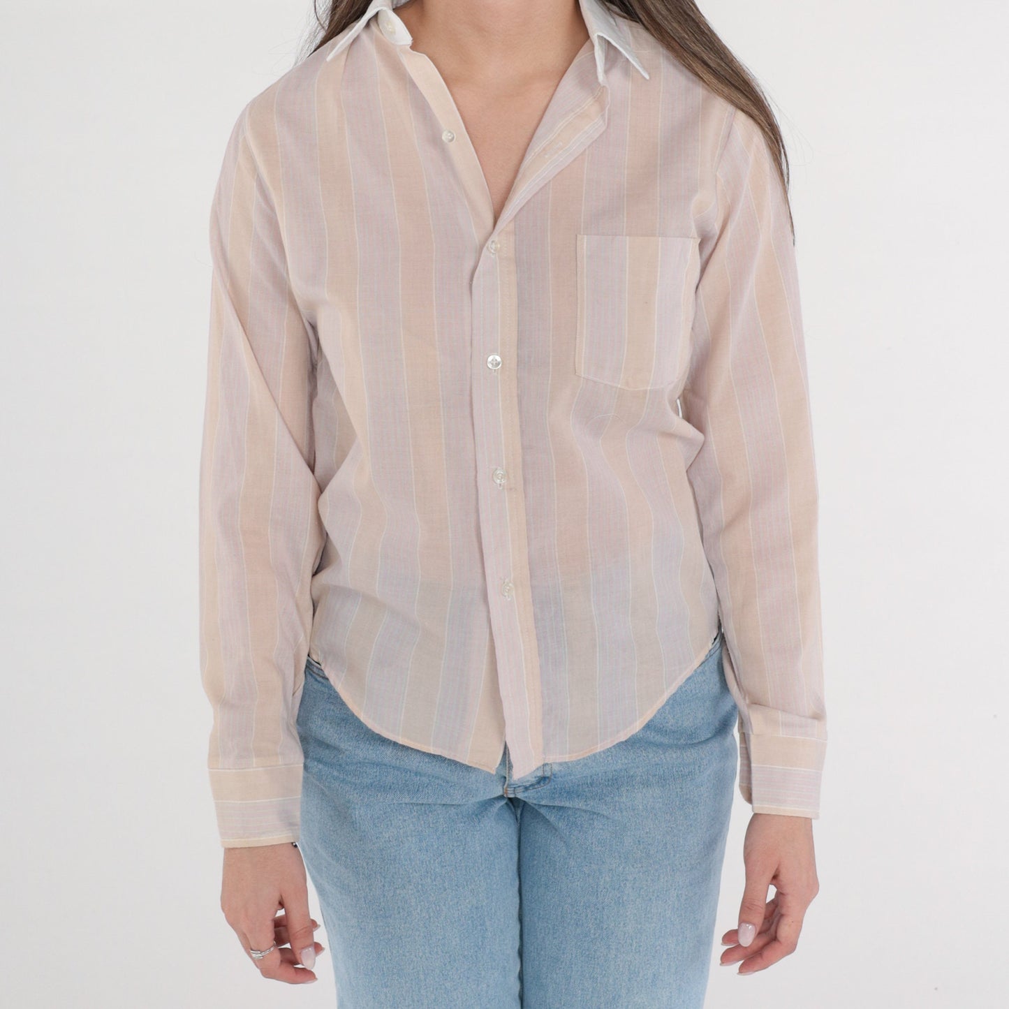 80s Striped Button-Up Shirt Tan Pink Long Sleeve Collared Extra Small