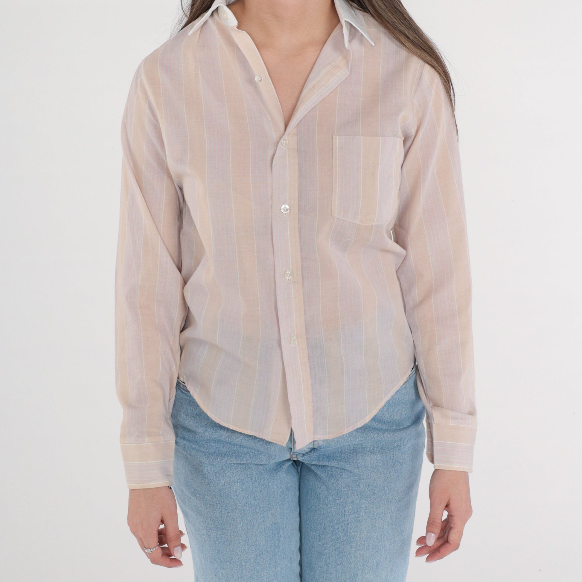 80s Striped Button-Up Shirt Tan Pink Long Sleeve Collared Extra Small