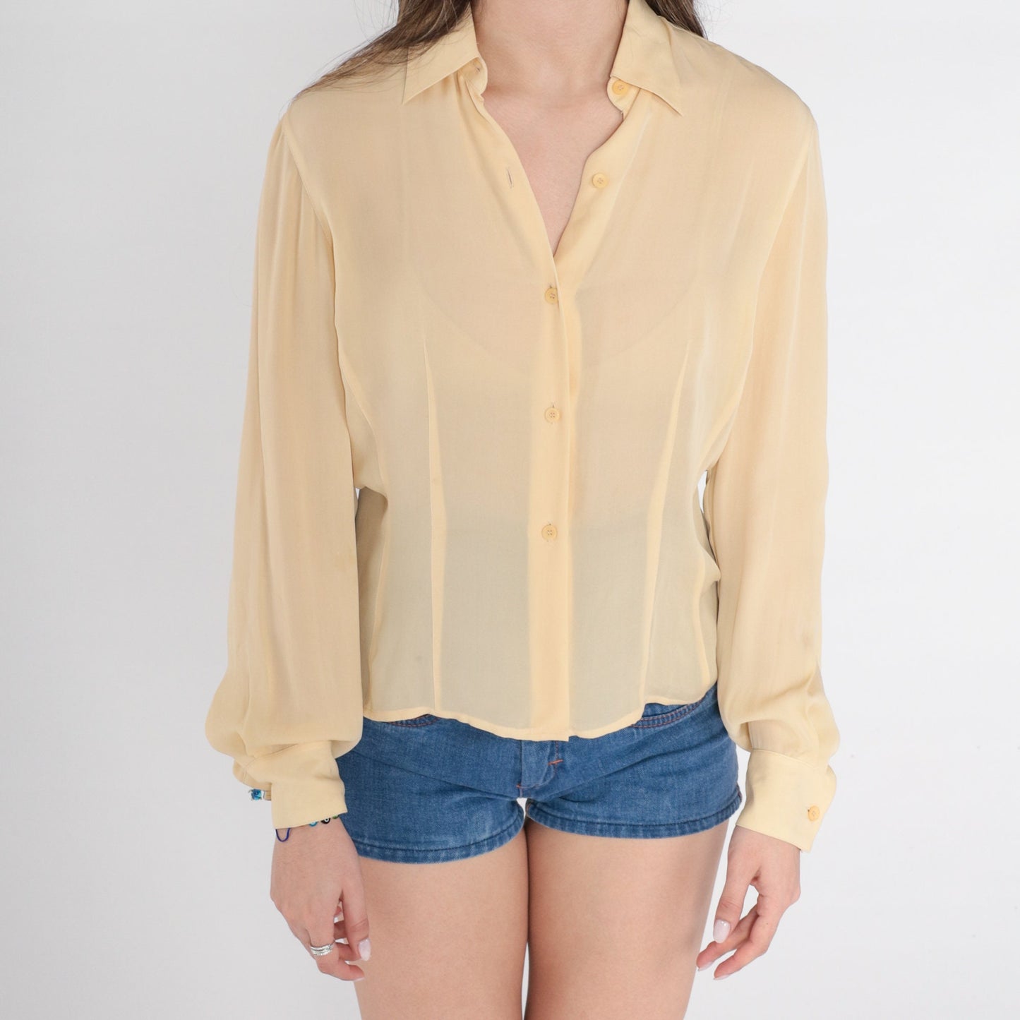 00s Pale Yellow Button-Up Blouse Balloon Sleeve Collared Shirt Medium M