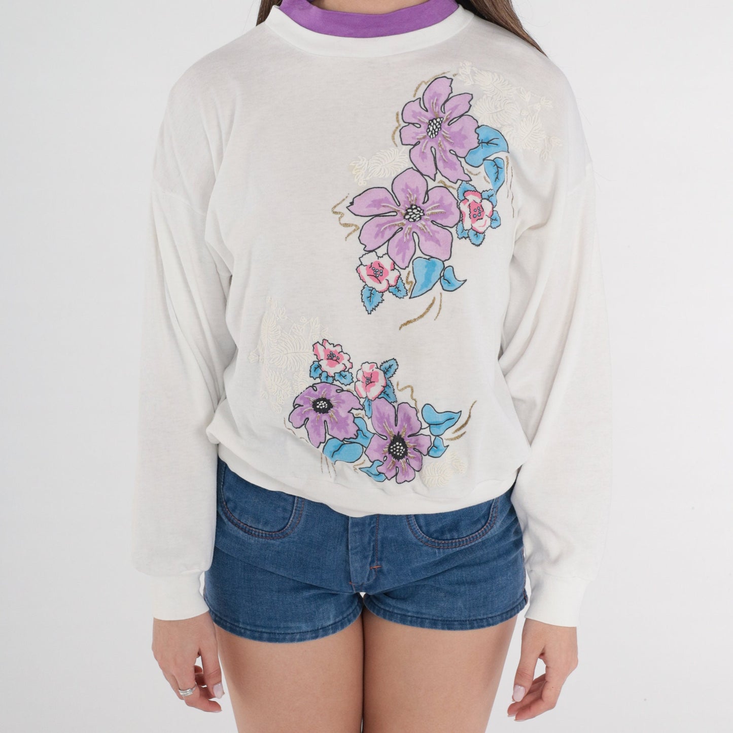 90s Glitter Floral Sweatshirt White Mock Neck Purple Layered Small S