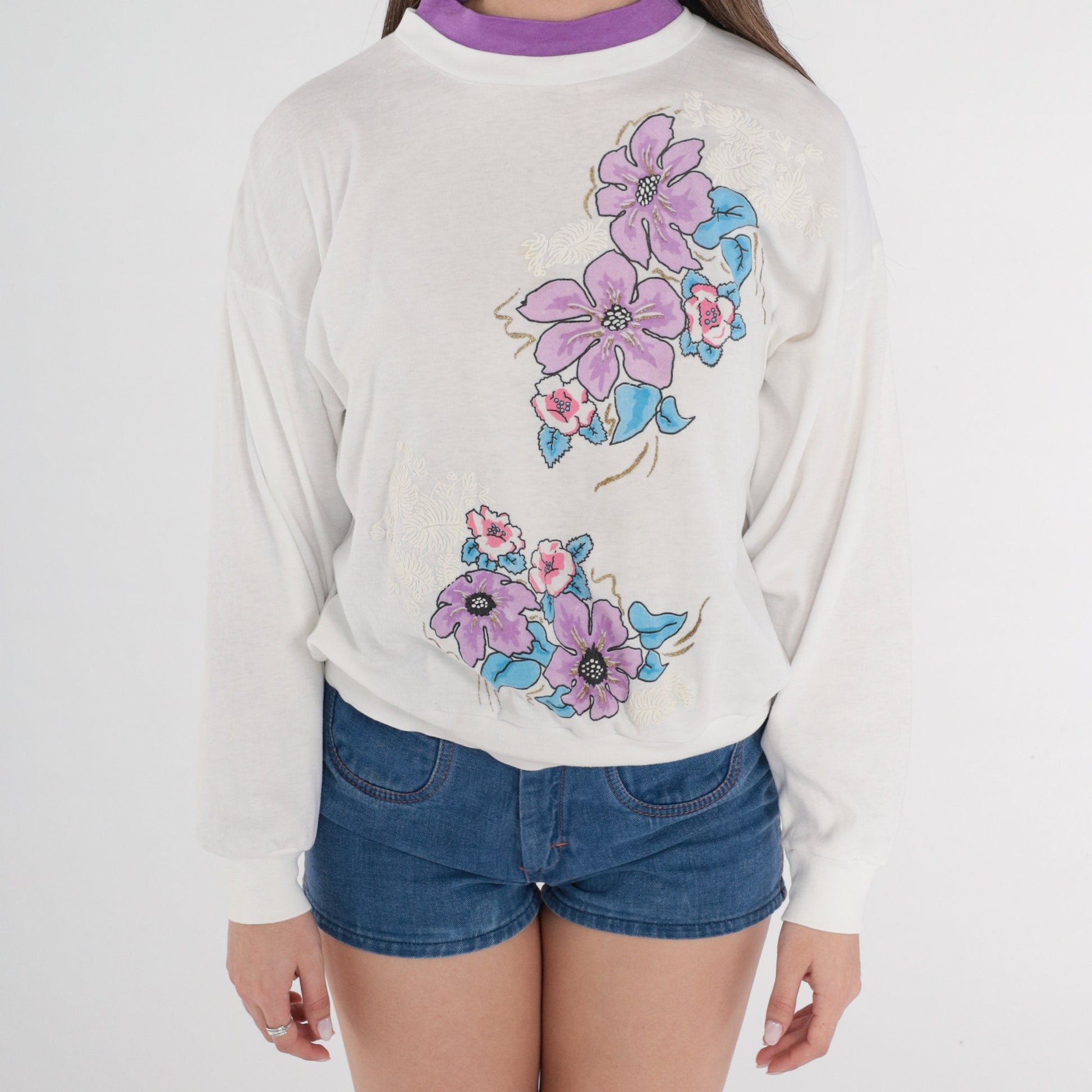 90s Glitter Floral Sweatshirt White Mock Neck Purple Layered Small S