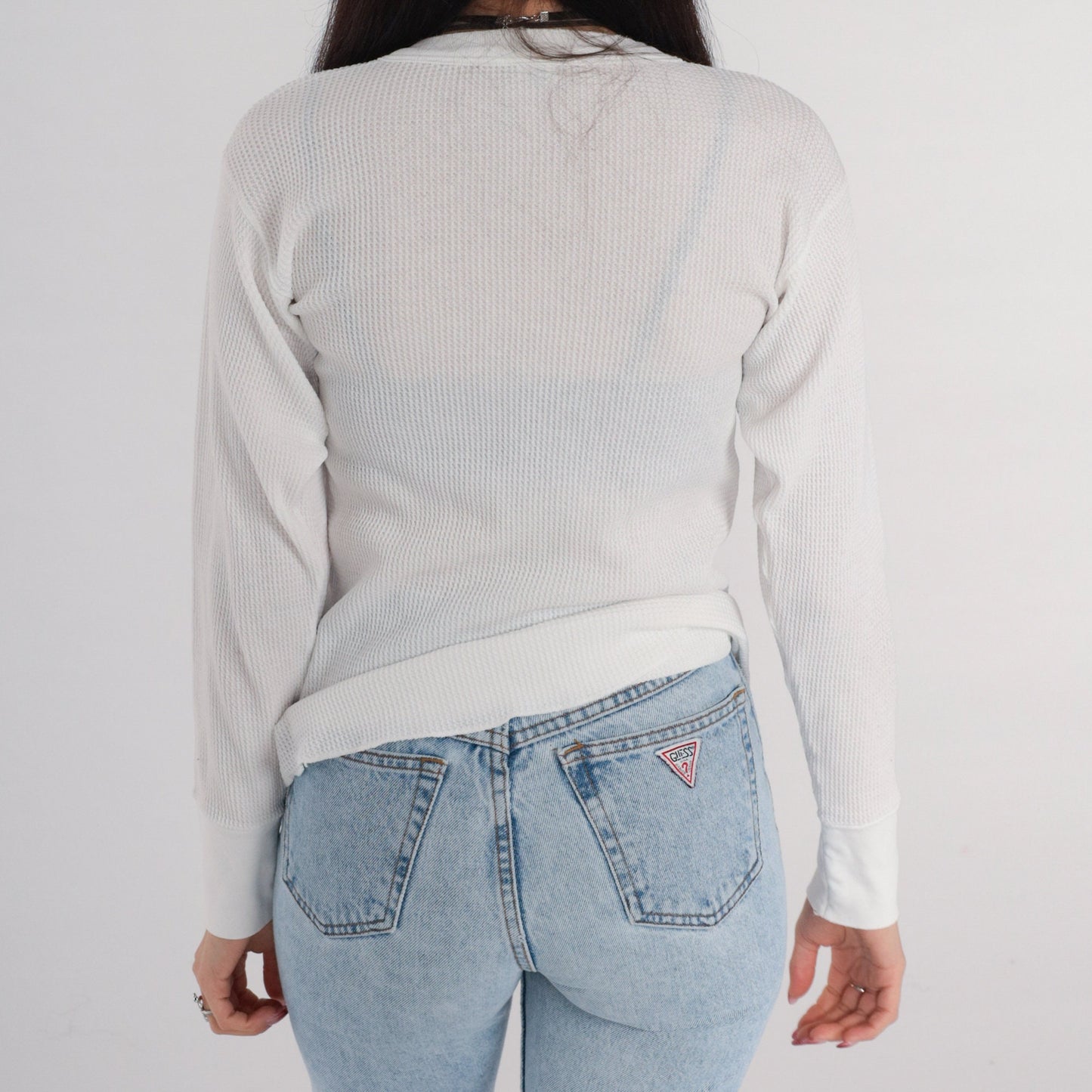 90s Hanes Thermal Shirt White Waffle Knit Long Sleeve Medium