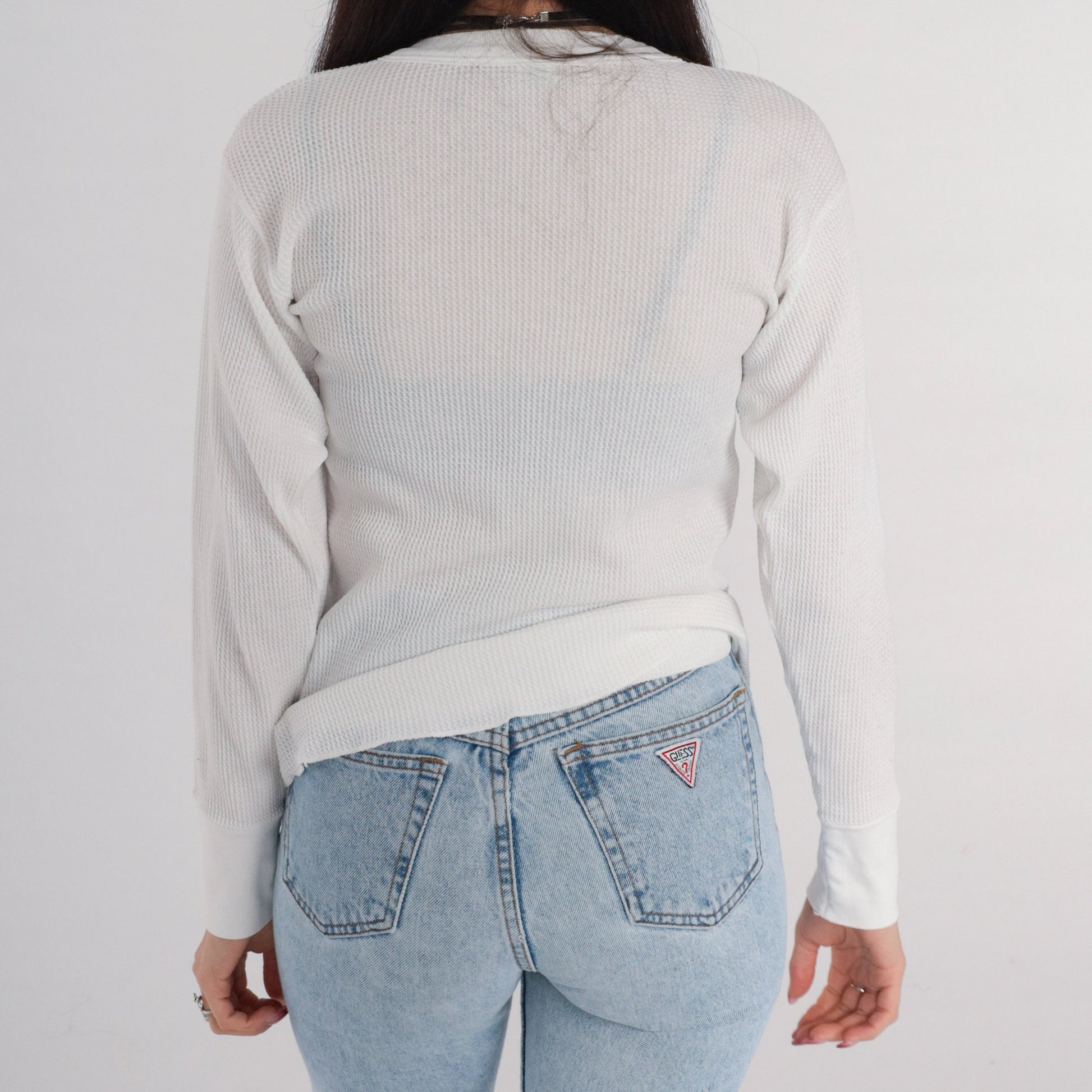 90s Hanes Thermal Shirt White Waffle Knit Long Sleeve Medium