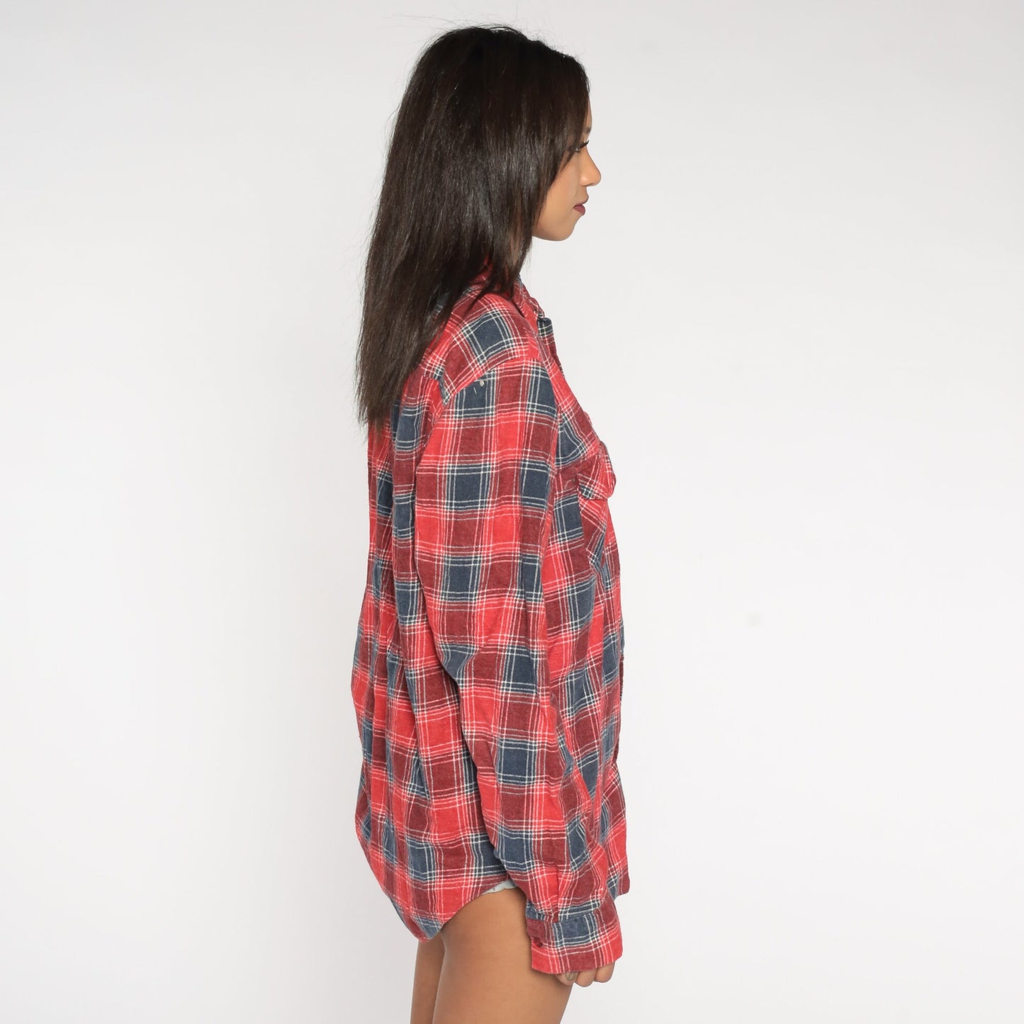90s Red Blue Plaid Flannel Shirt Cotton Long Sleeve Button Up Large