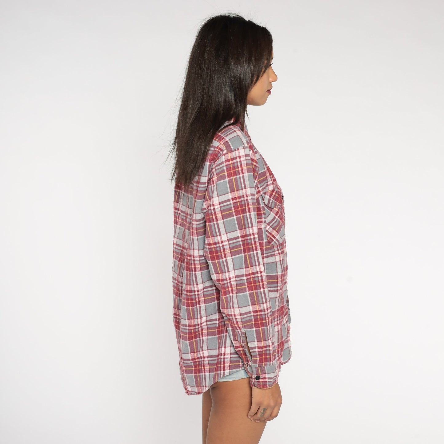 90s Red Grey Plaid Flannel Shirt Button Up Long Sleeve Medium