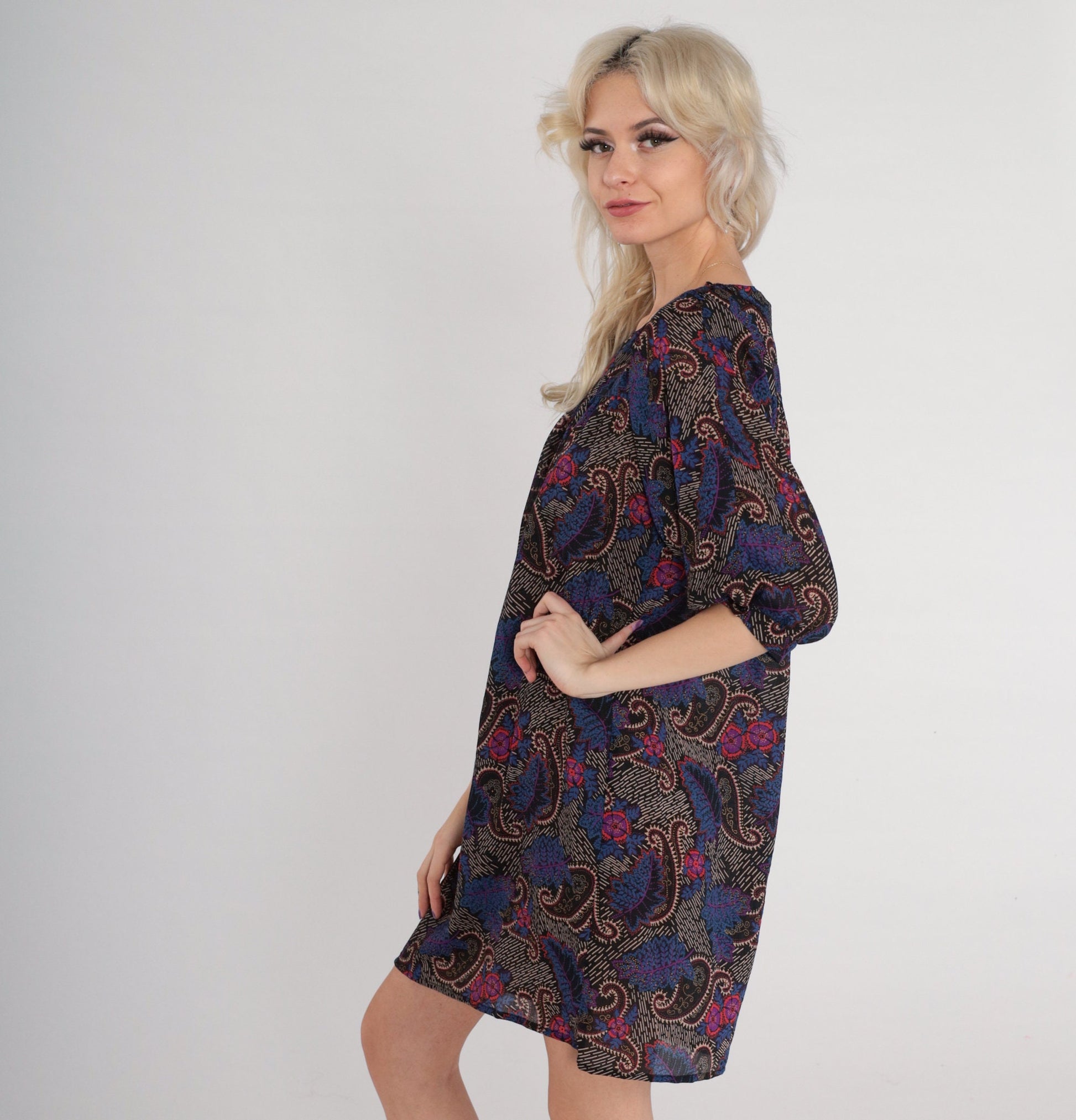 70s I Magnin Paisley Floral Mini Dress Black Half Sleeve Tent Cut Medium