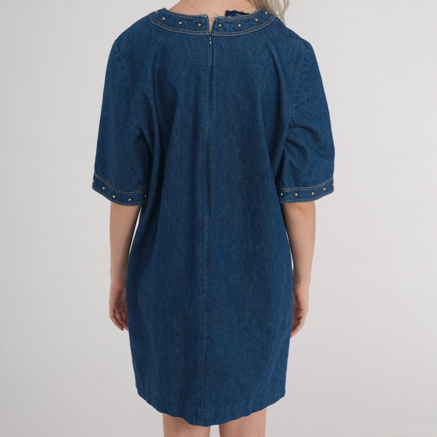90s Blue Denim Mini Dress Gold Studs Short Sleeve Shift Medium M