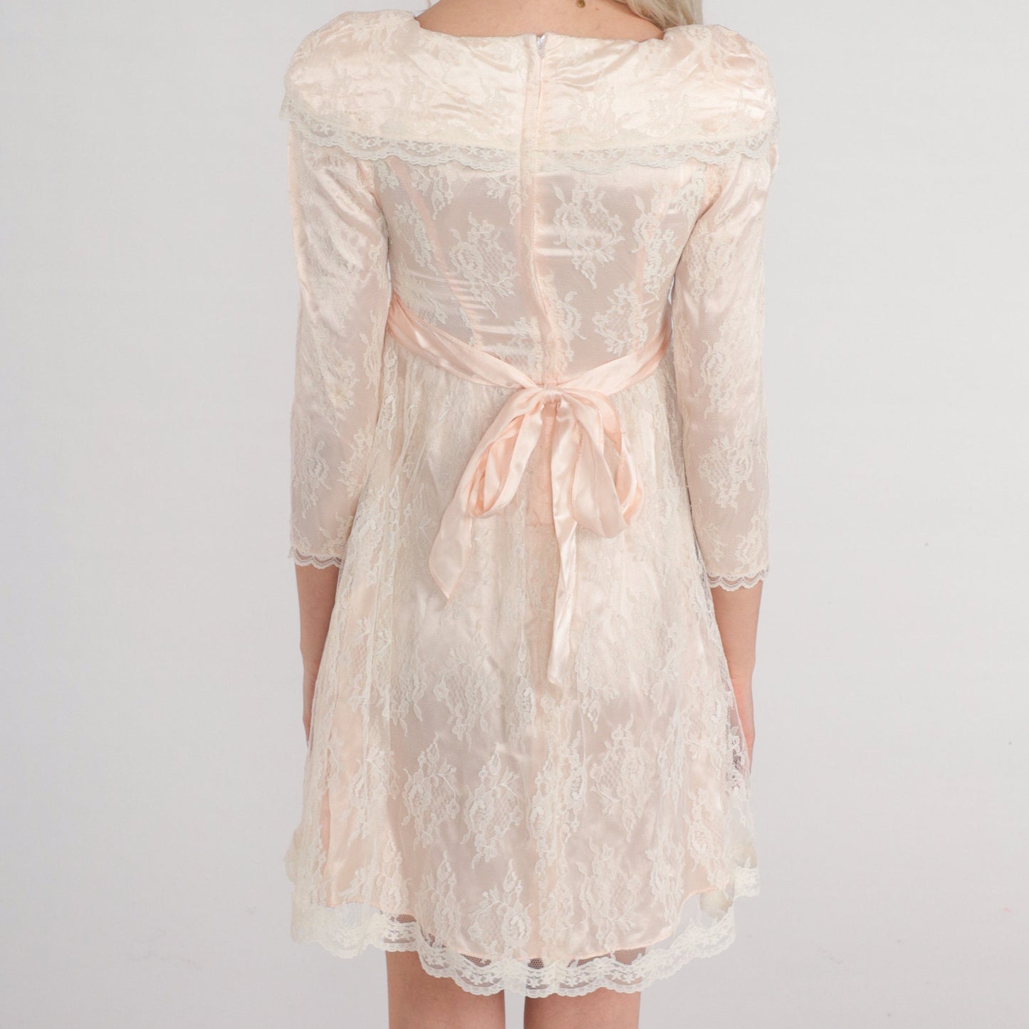 Gunne Sax 80s Pink White Lace Mini Dress Puff Sleeve High Waisted XXS