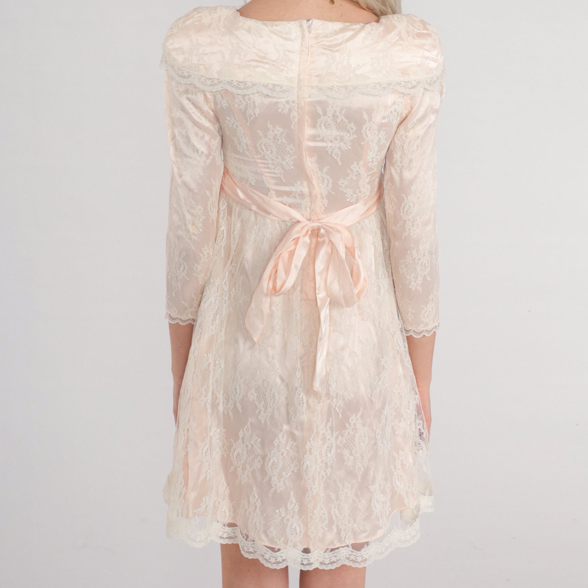 Gunne Sax 80s Pink White Lace Mini Dress Puff Sleeve High Waisted XXS
