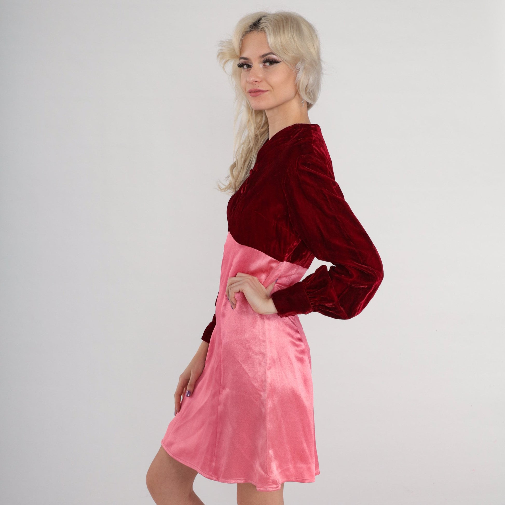 70s Velvet Babydoll Mini Dress Red Pink Empire Waist Long Sleeve Small