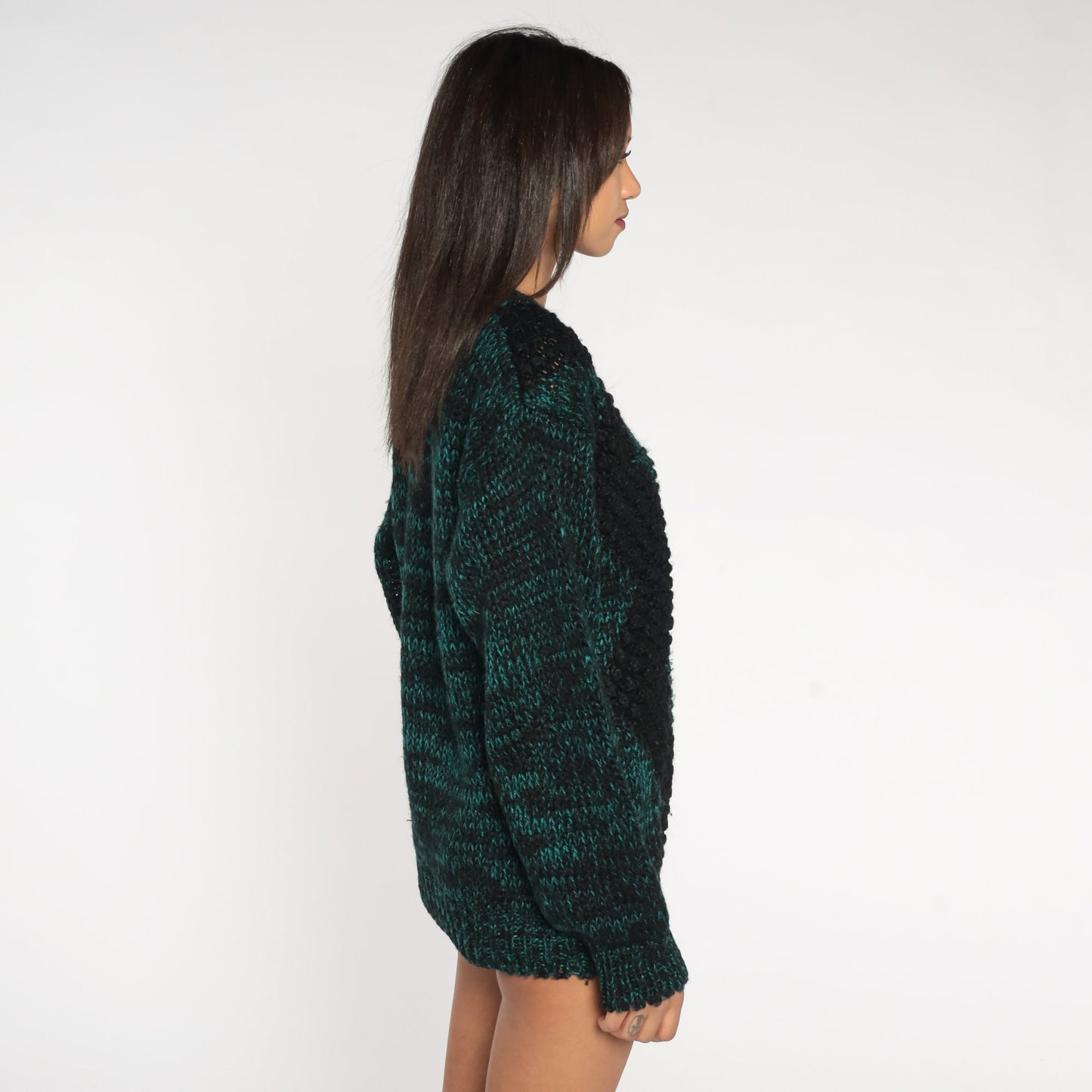 80s Zig Zag Striped Knit Sweater Black Green Space Dye Crewneck Medium