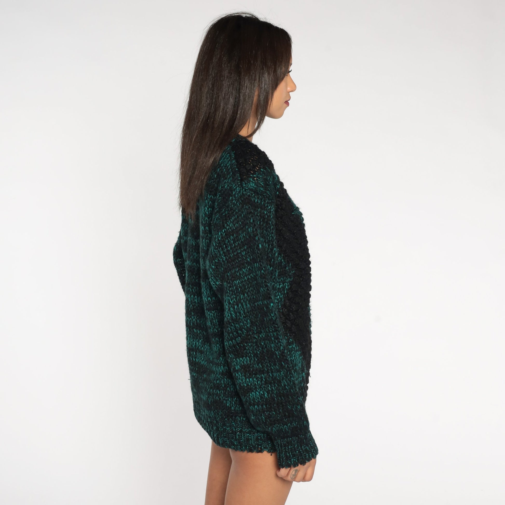80s Zig Zag Striped Knit Sweater Black Green Space Dye Crewneck Medium