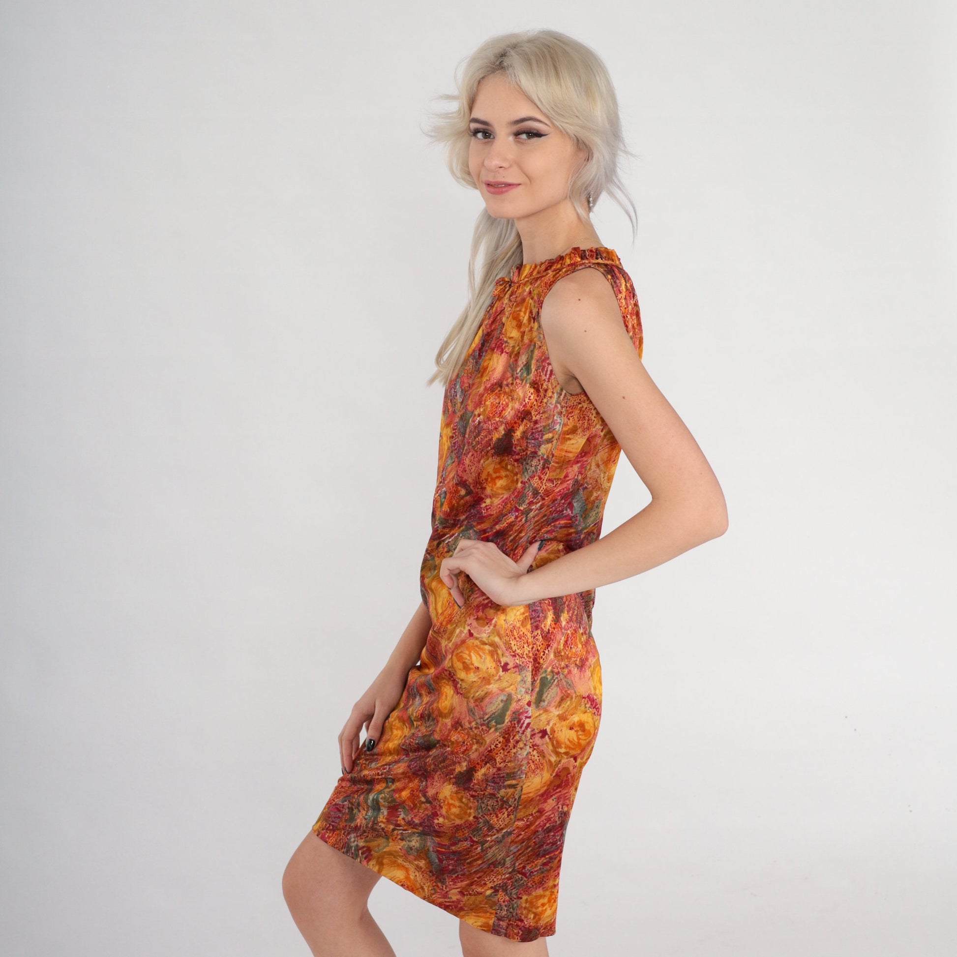 60s Mod Mini Shift Dress Watercolor Floral Print Orange High Neck Small