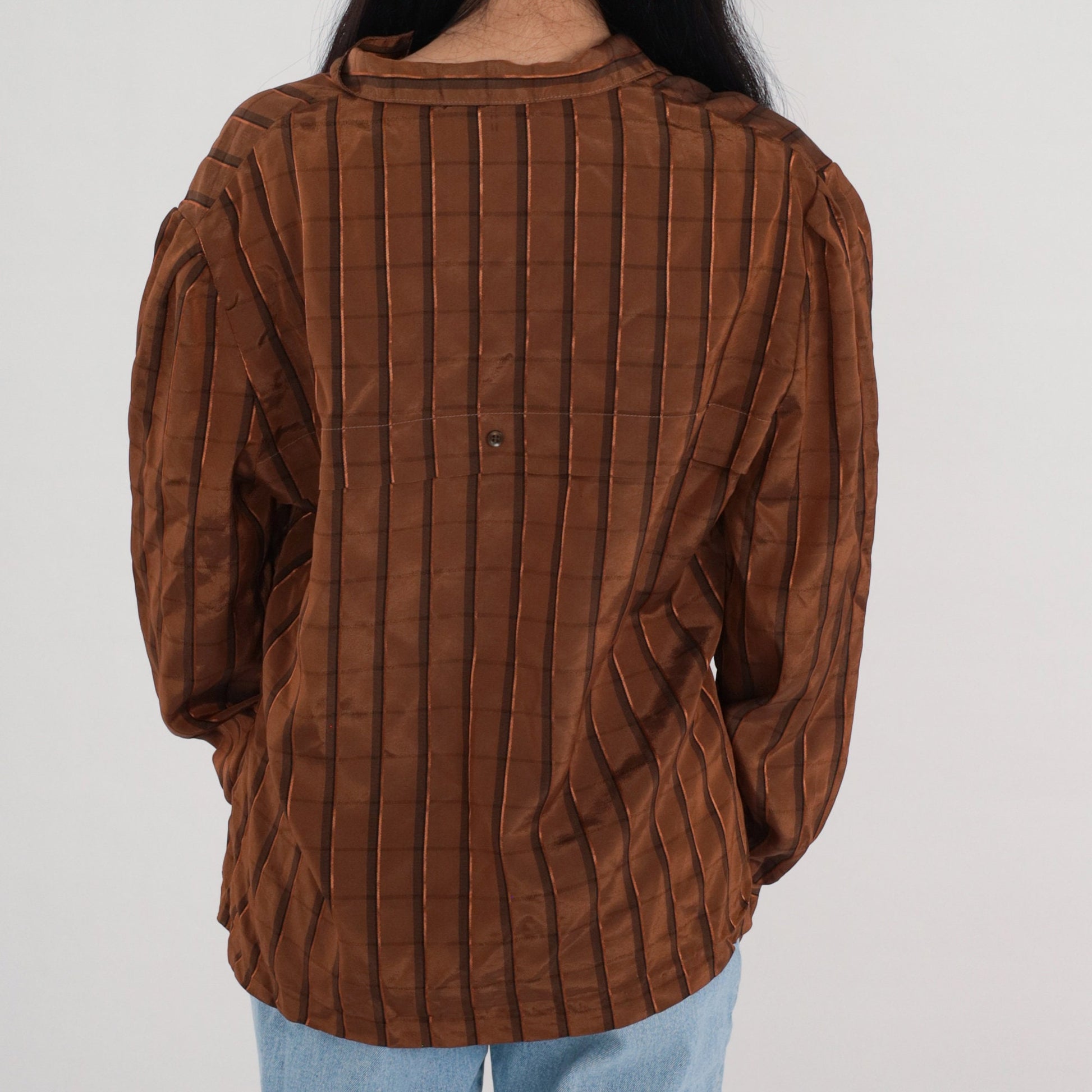80s Brown Checkered Button-Up Blouse Puff Sleeve Collared Shirt Large L