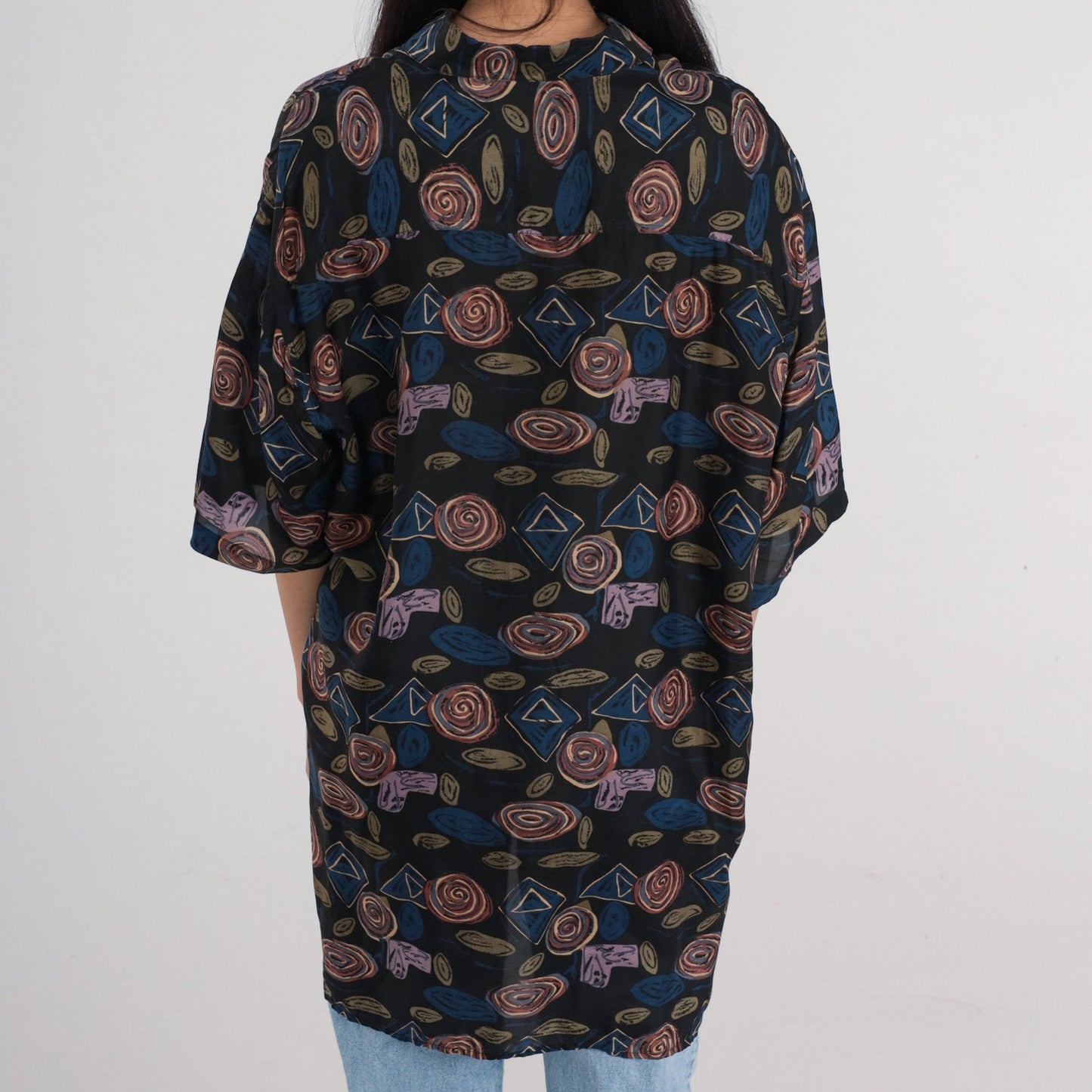90s Robert Stock Silk Button-Up Shirt Abstract Geometric Print Black Blue Large