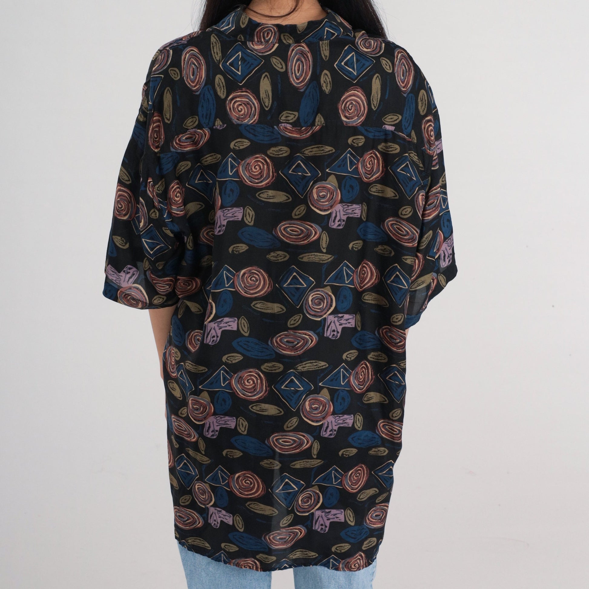 90s Robert Stock Silk Button-Up Shirt Abstract Geometric Print Black Blue Large