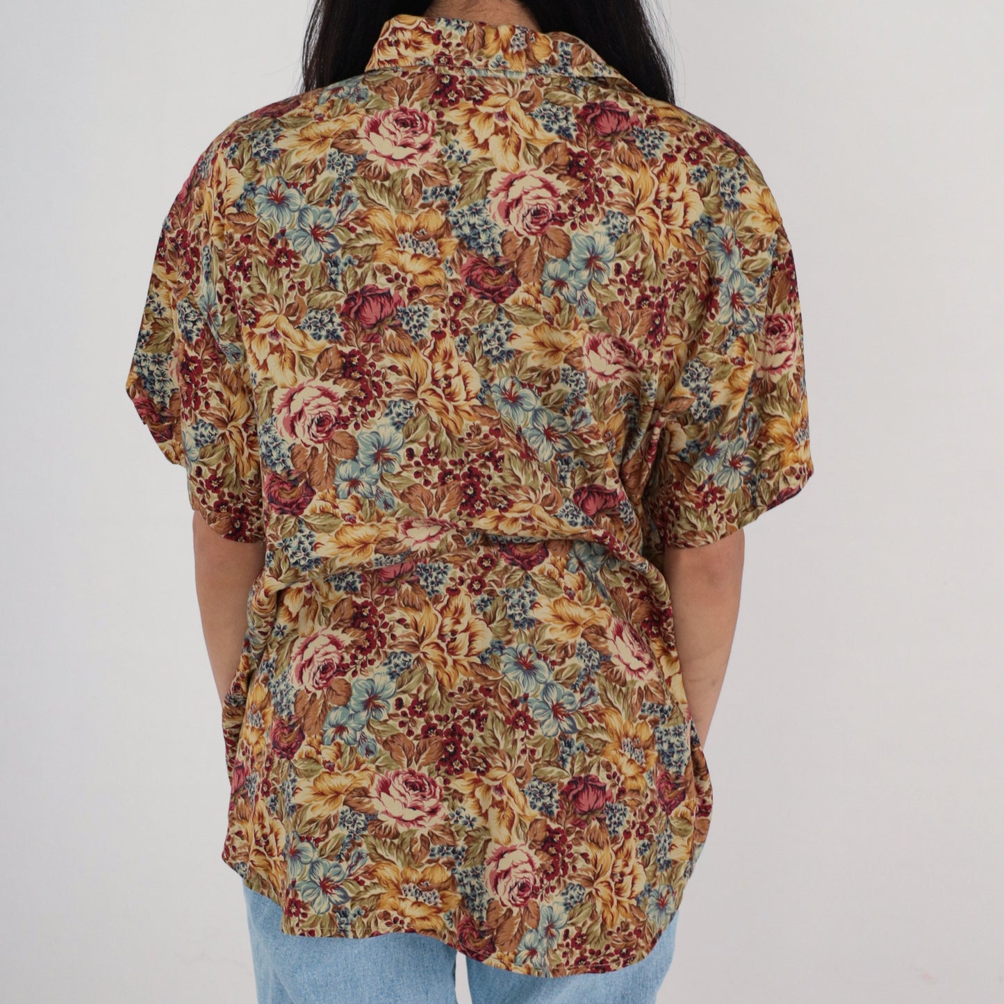 Y2K Liz Claiborne Floral Button-Up Blouse Short Sleeve Rayon Multicolor Large L