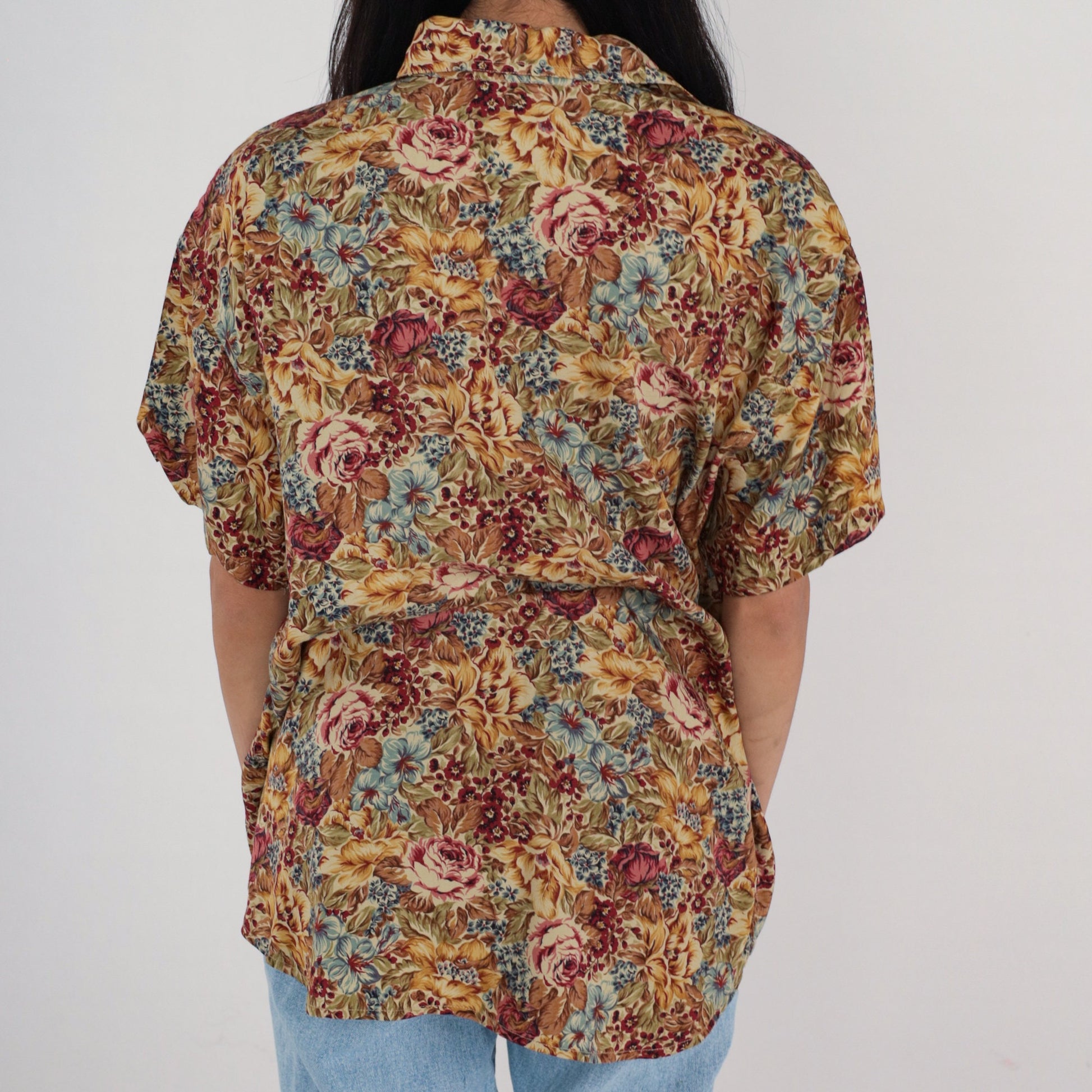 Y2K Liz Claiborne Floral Button-Up Blouse Short Sleeve Rayon Multicolor Large L
