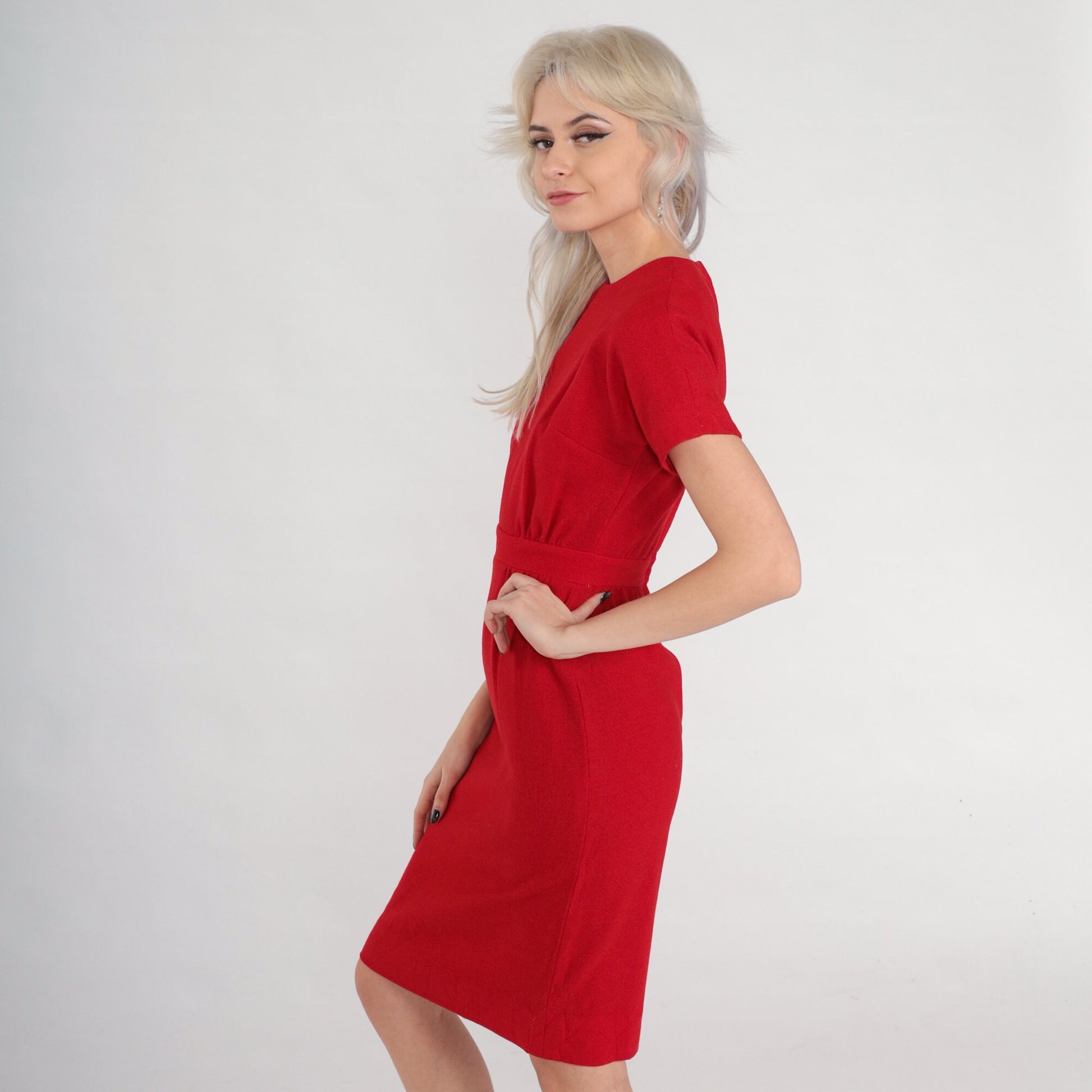 60s Red Wool Pencil Dress High Waisted Knee Length Short Sleeve Extra Small XS