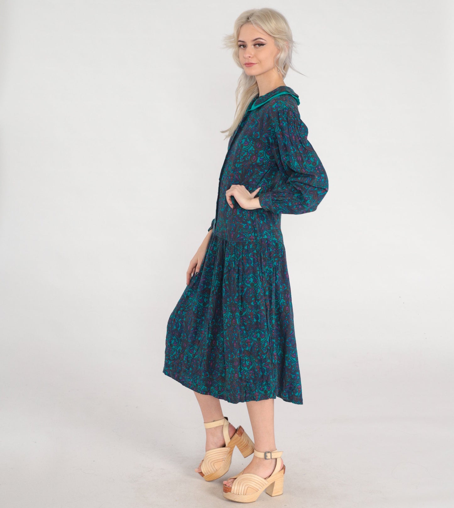80s Green Floral Midi Dress Collared Puff Sleeve Drop Waist Small
