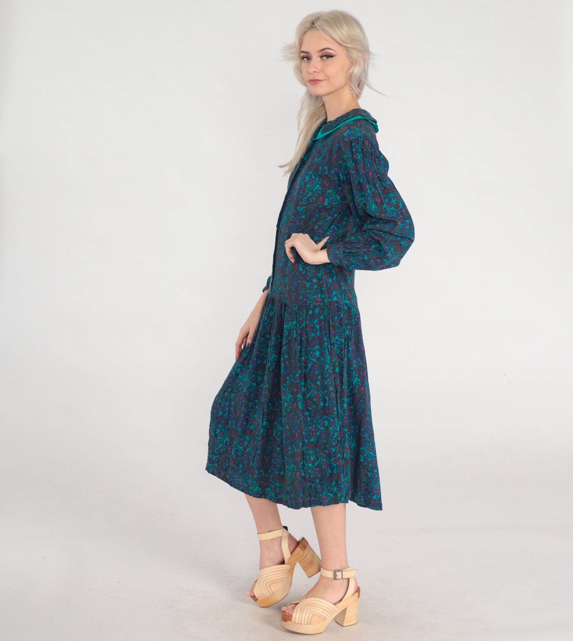 80s Green Floral Midi Dress Collared Puff Sleeve Drop Waist Small