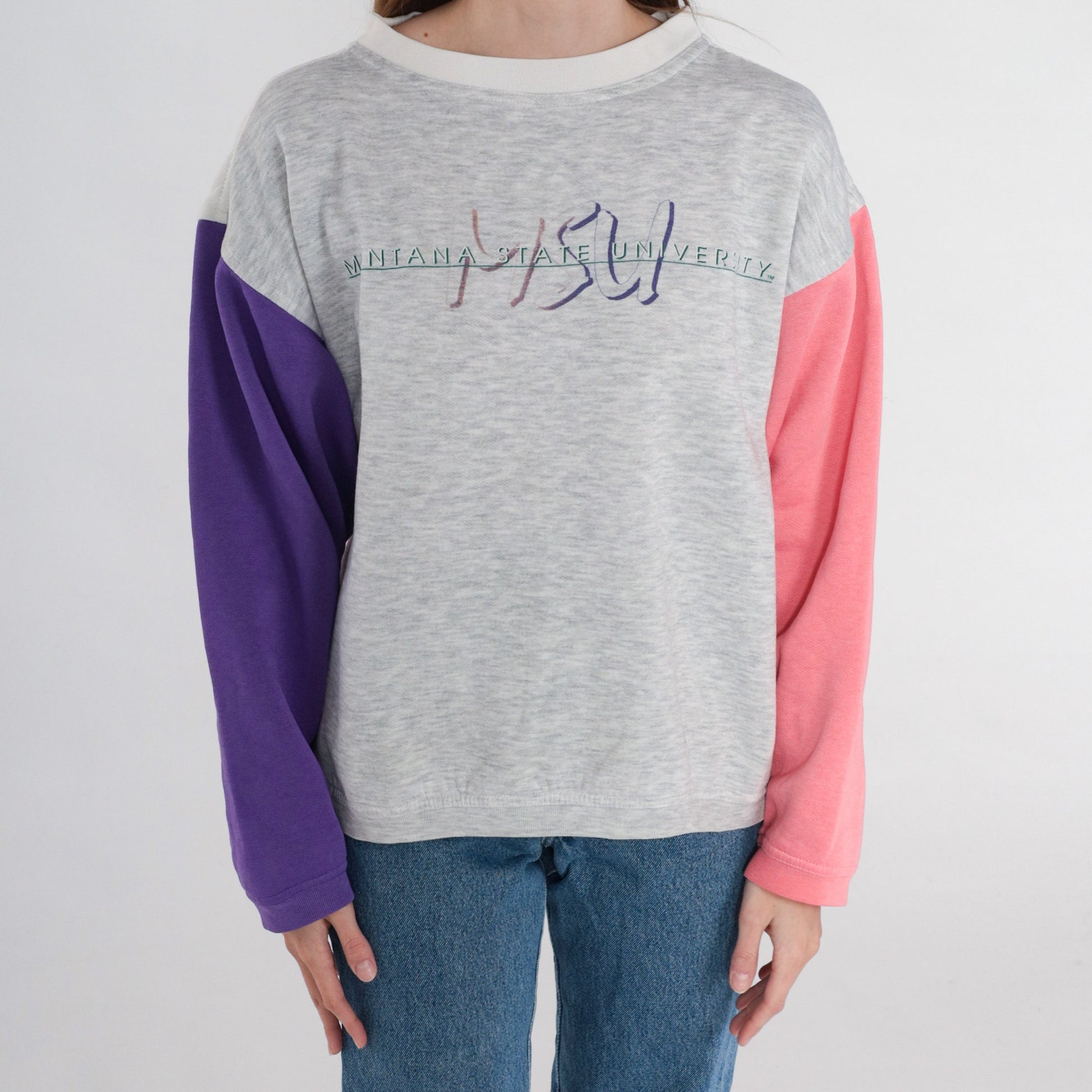 90s Montana State University Bobcats Colorblock Sweatshirt Grey Pink Purple Medium