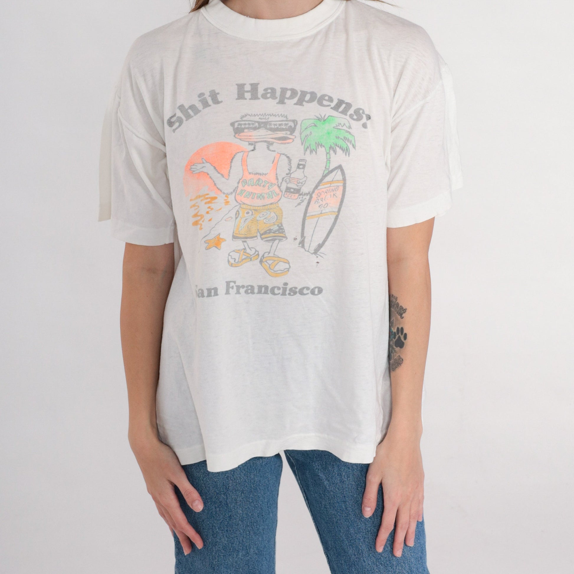 90s Shit Happens San Francisco Duck Graphic T-Shirt White Single Stitch Large