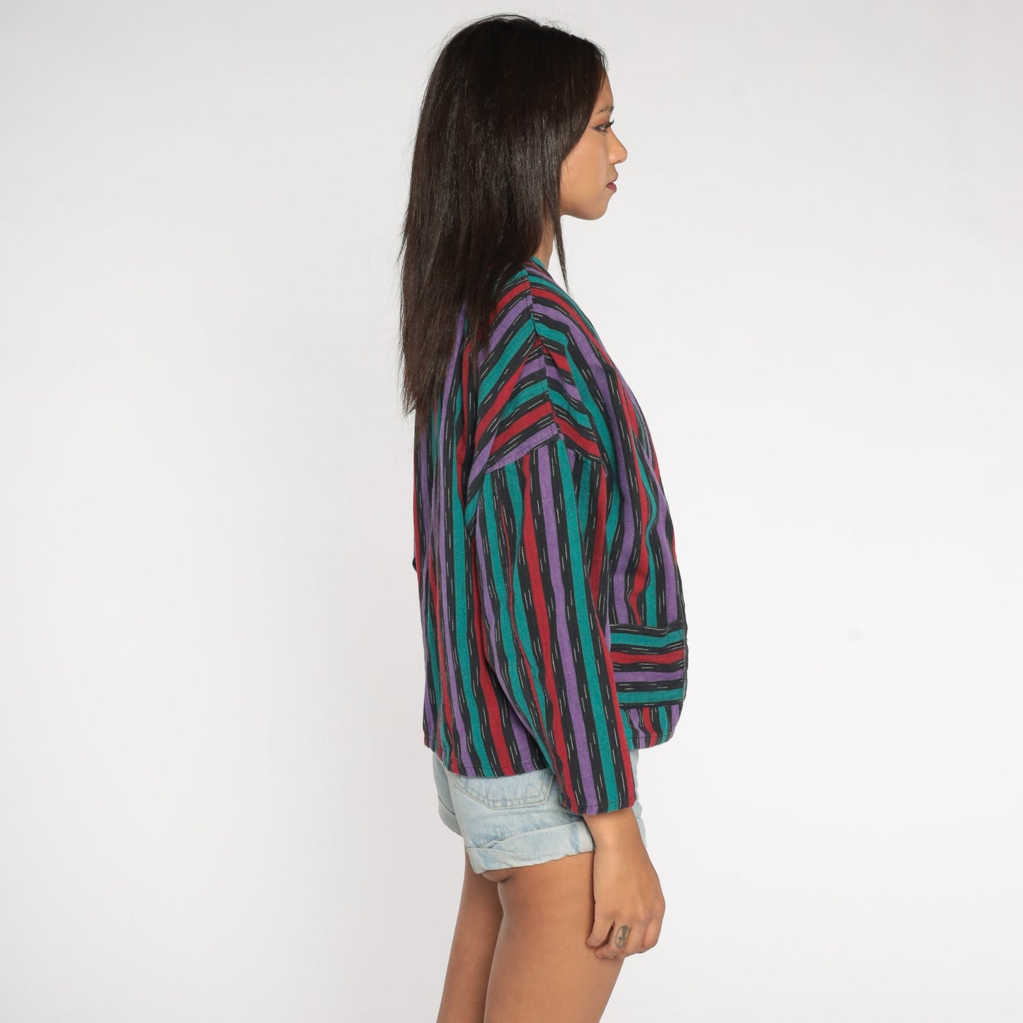 90s Striped Cotton Blazer Deep V-Neck Button Jacket Medium