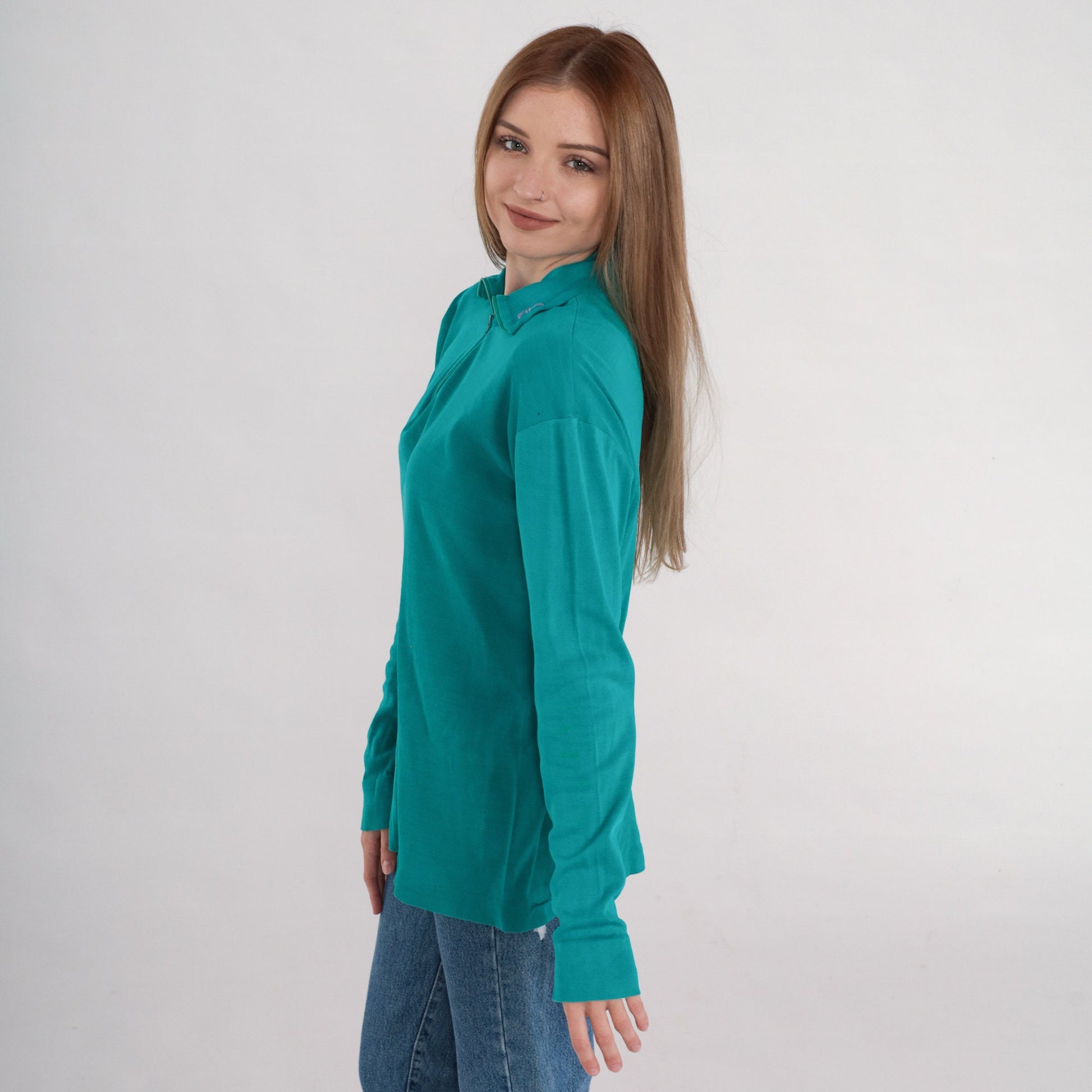 Y2K Fila Teal Knit Polo Quarter Zip Long Sleeve Collared Sweater Extra Large XL