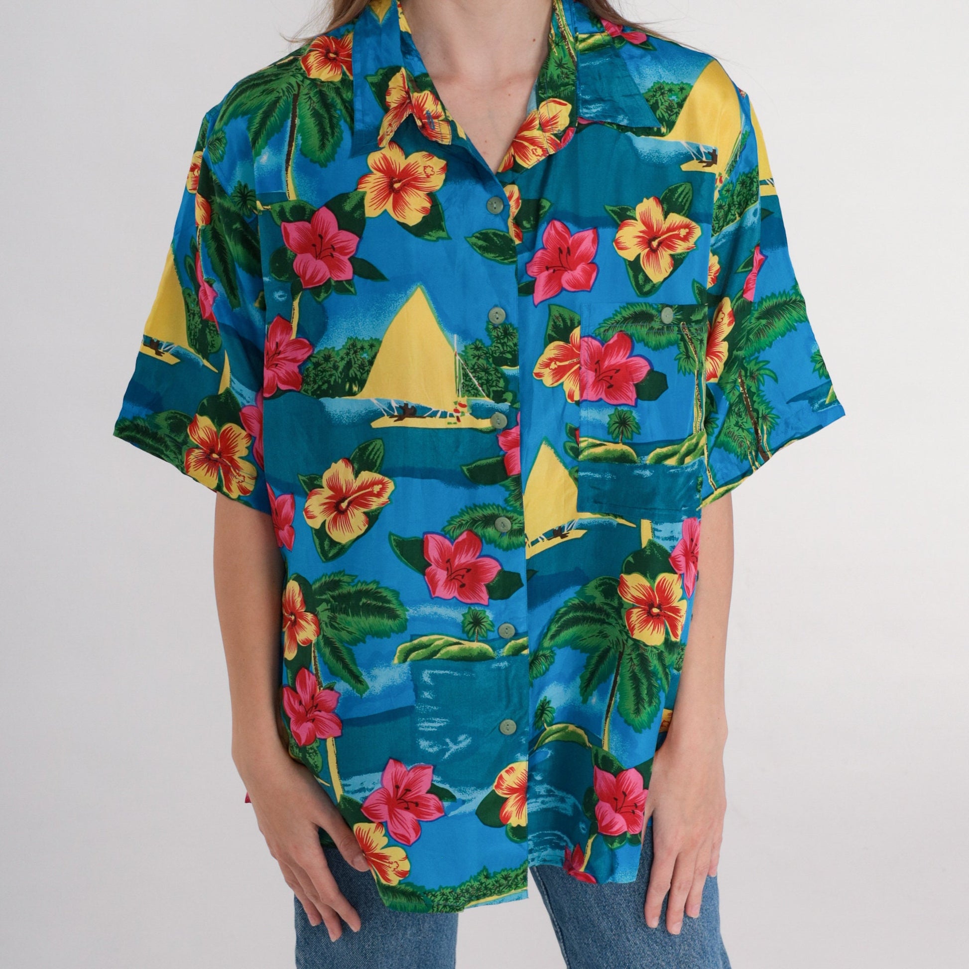 90s Blue Silk Hawaiian Shirt Tropical Hibiscus Sailboat Print Large L