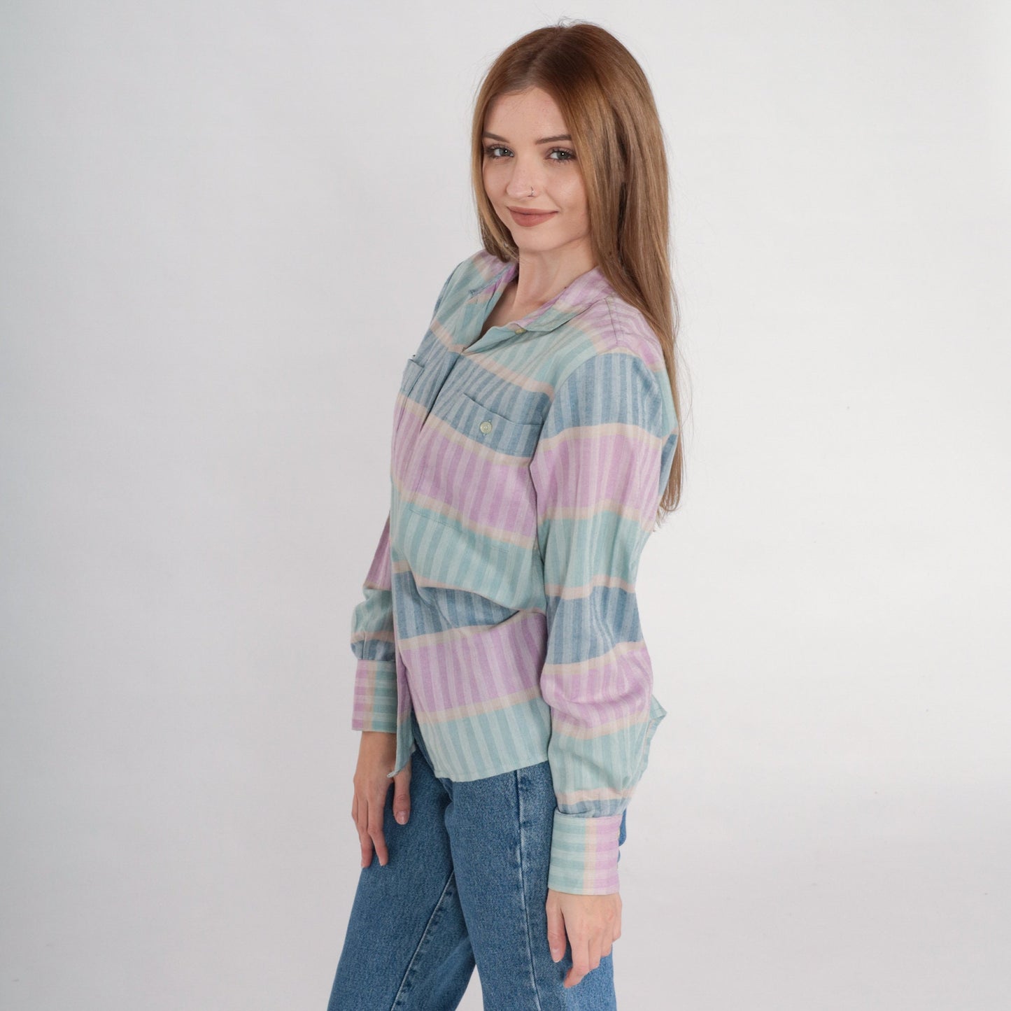 90s Striped Button-Up Blouse Multicolor Long Sleeve Collared Shirt Small