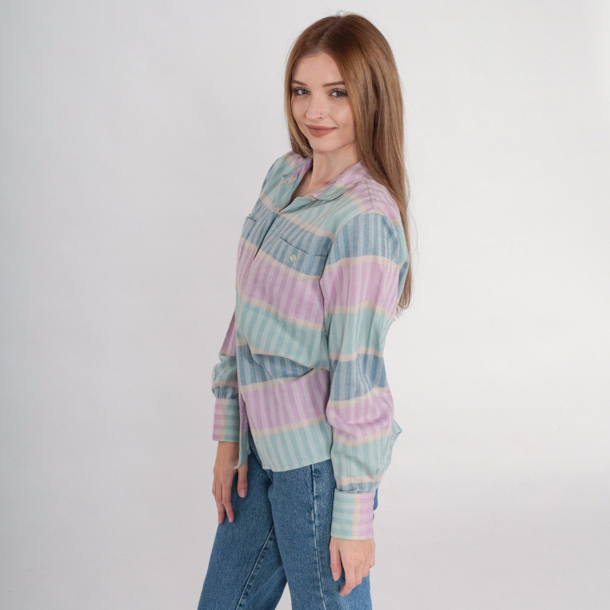 90s Striped Button-Up Blouse Multicolor Long Sleeve Collared Shirt Small